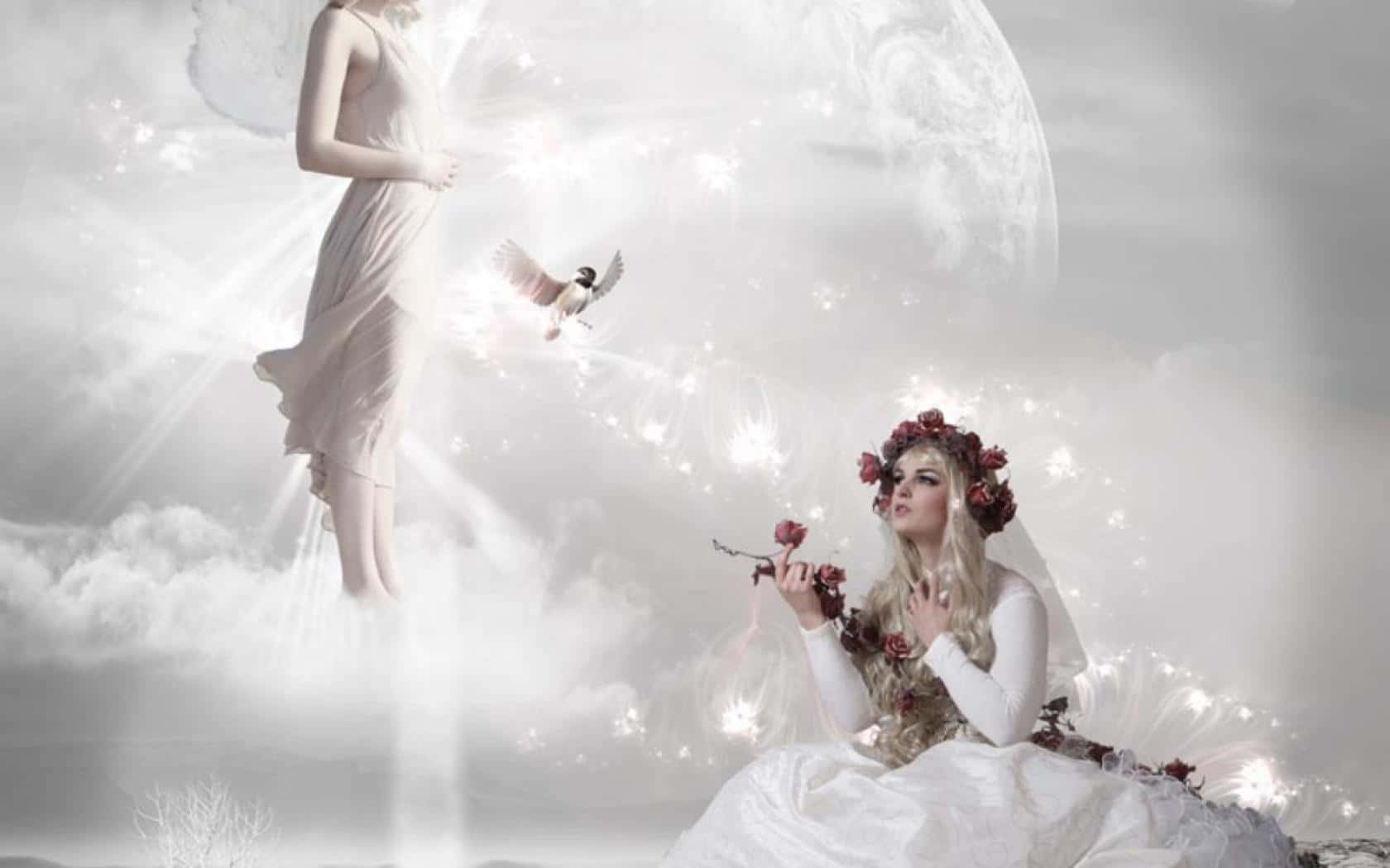 Guardian Angels, white gown, red roses, HD Desktop Wallpaper