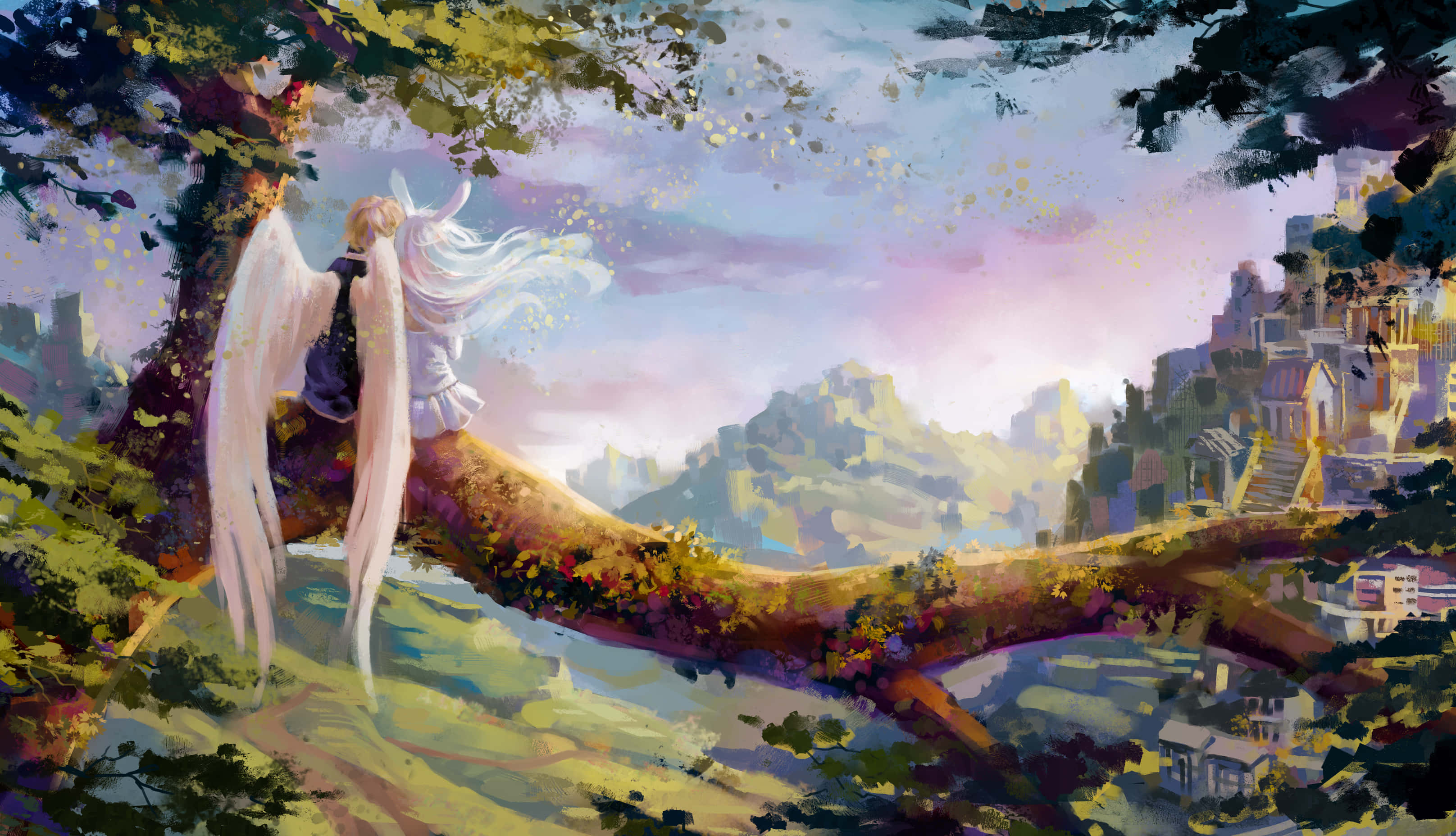 Guardian Angels, winged figure, mossy tree branch, 2K Desktop Wallpaper