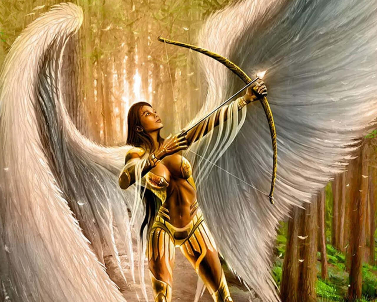 Guardian Angels, golden-armored angel, massive white wings, HD Desktop Wallpaper