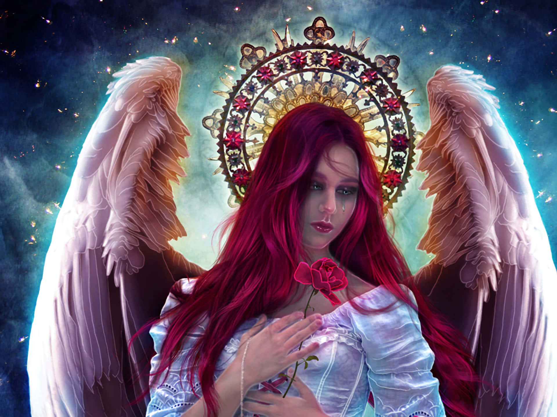 Guardian Angels, crimson hair, white wings, Full HD Desktop Wallpaper