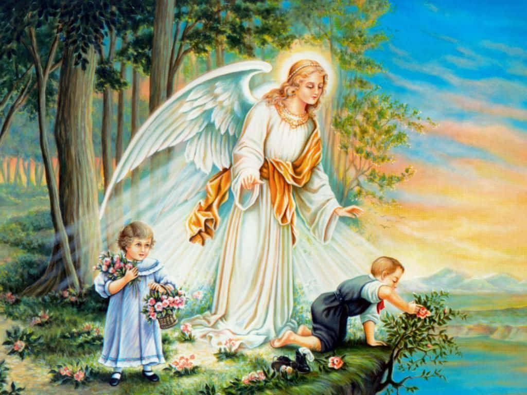 Guardian Angels, glowing wings, children, SD Desktop Wallpaper
