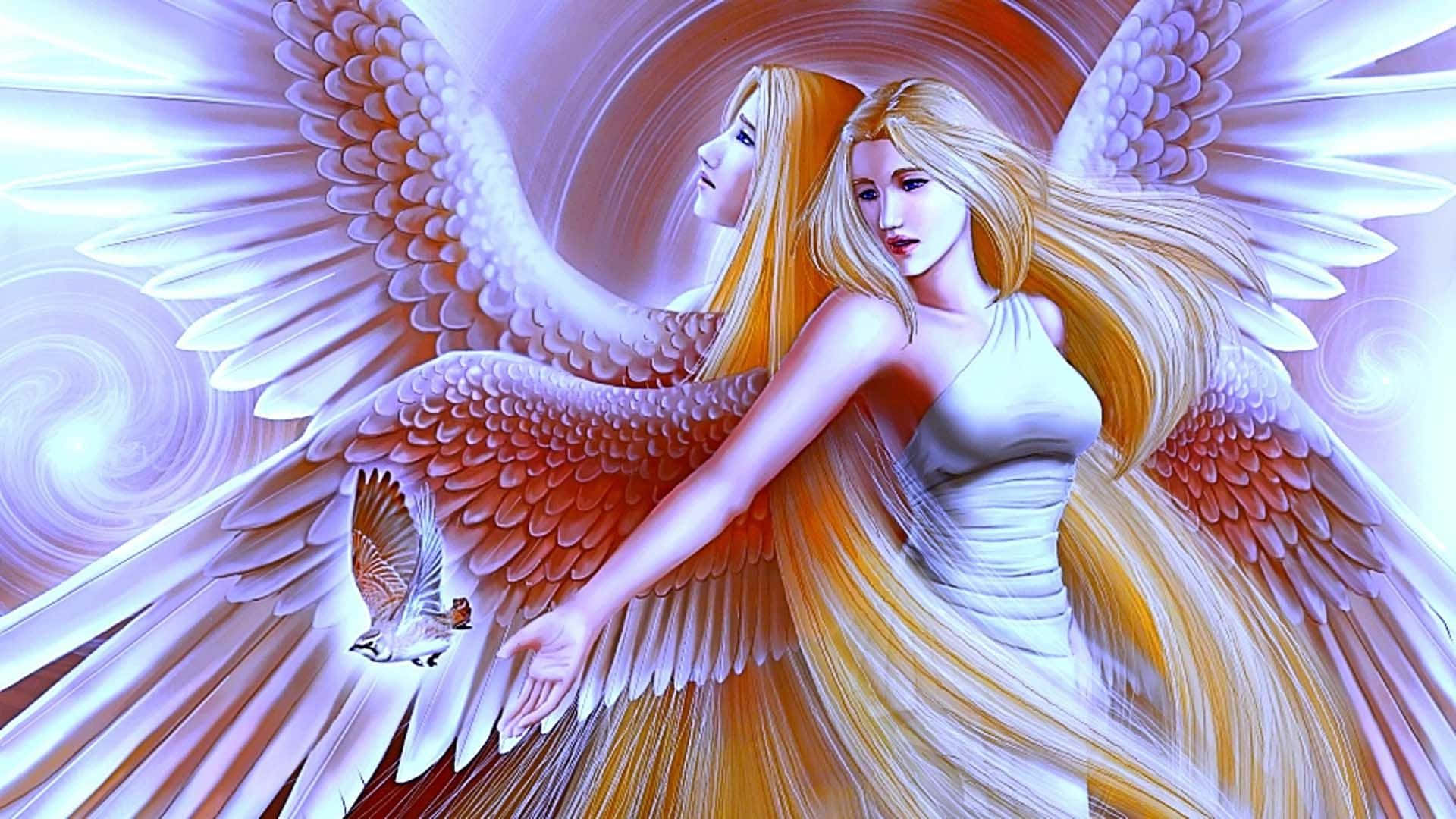 Cute Angels, ethereal angelic figures, expansive feathered wings, Full HD Desktop Wallpaper