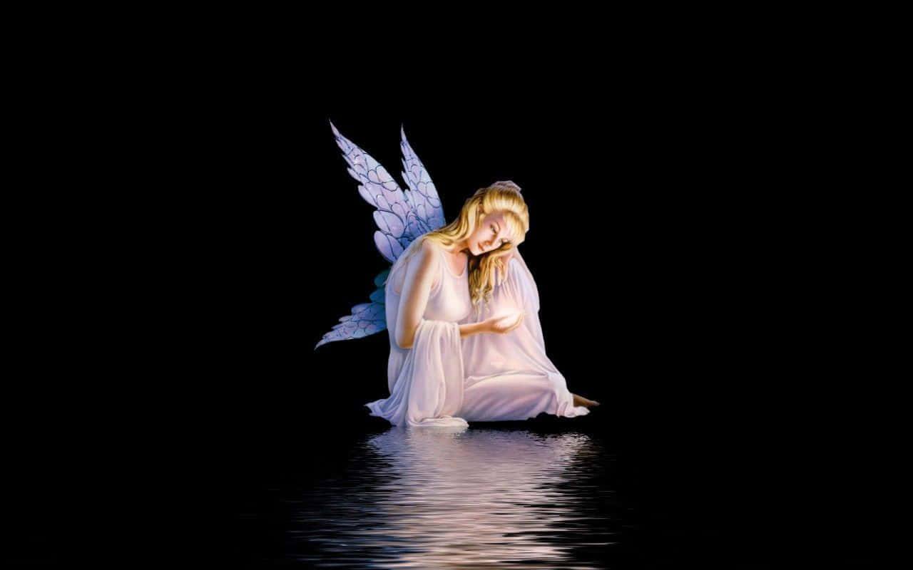 Cute Angels, blue feathered wings, glowing orb, HD Desktop Wallpaper