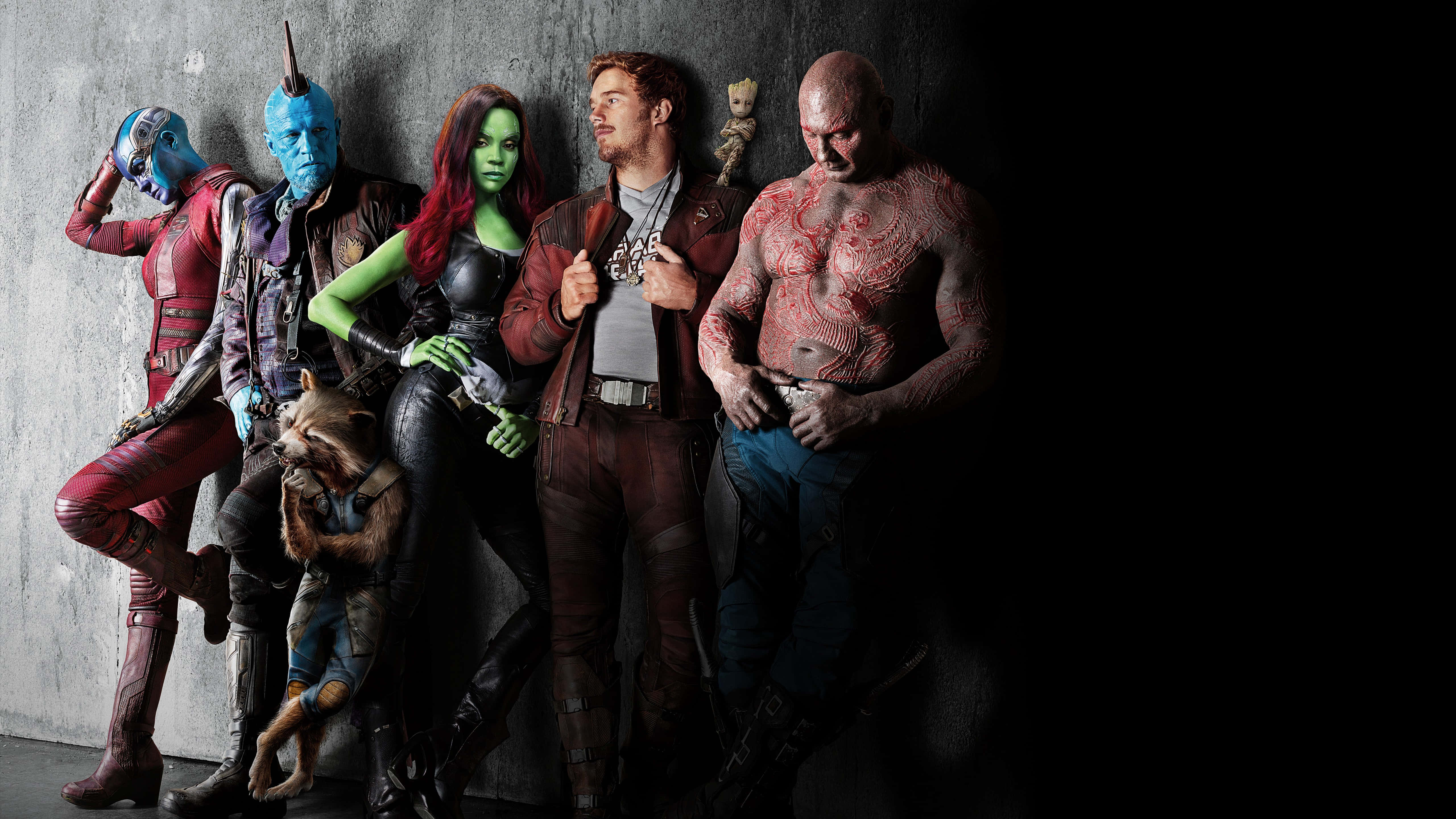 Guardians Of The Galaxy 2, sci-fi costumes, dark concrete wall, 5K Desktop Wallpaper
