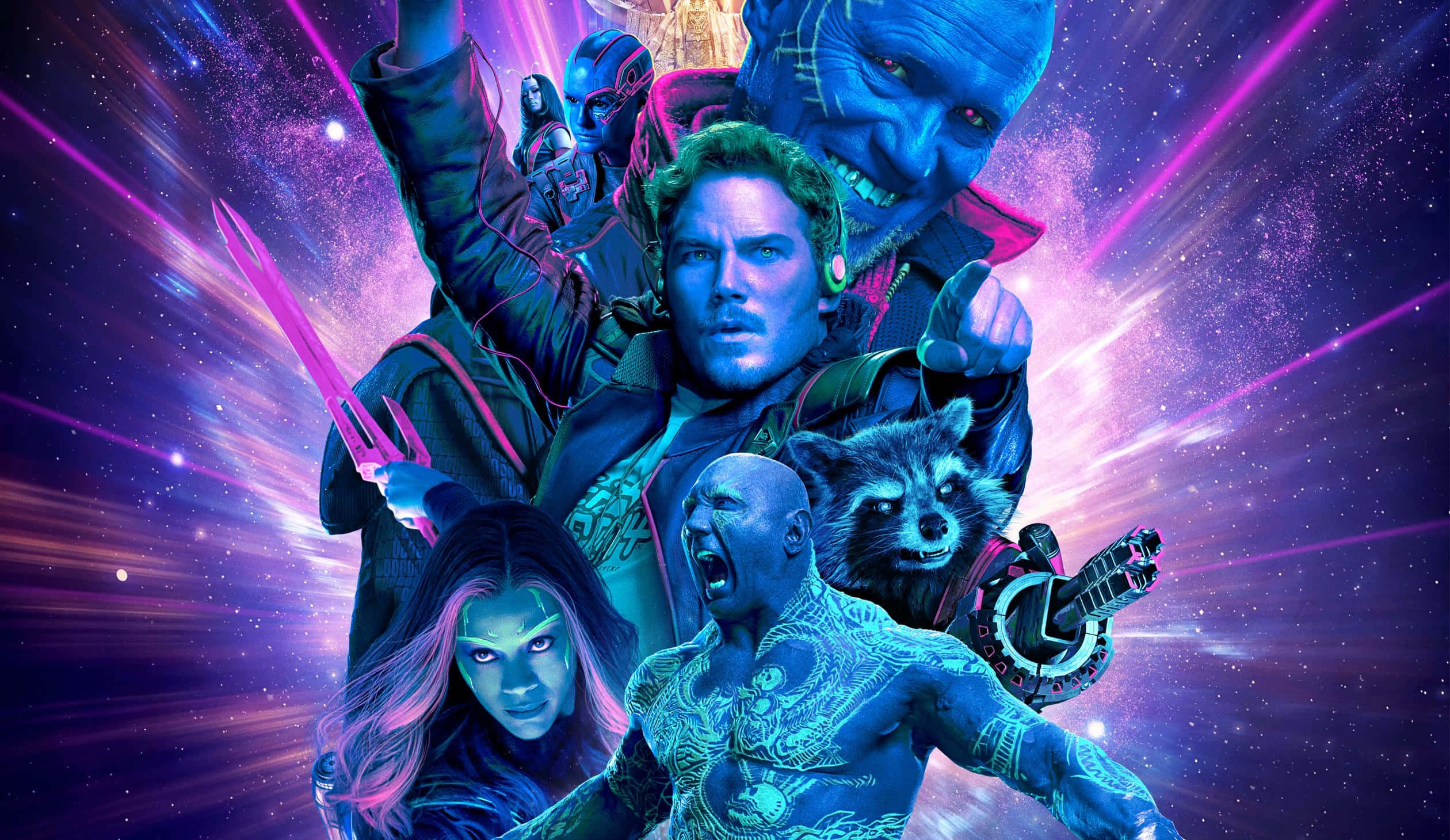 Guardians Of The Galaxy 2, Guardians of the Galaxy characters, starburst galaxy backdrop, Full HD Desktop Wallpaper