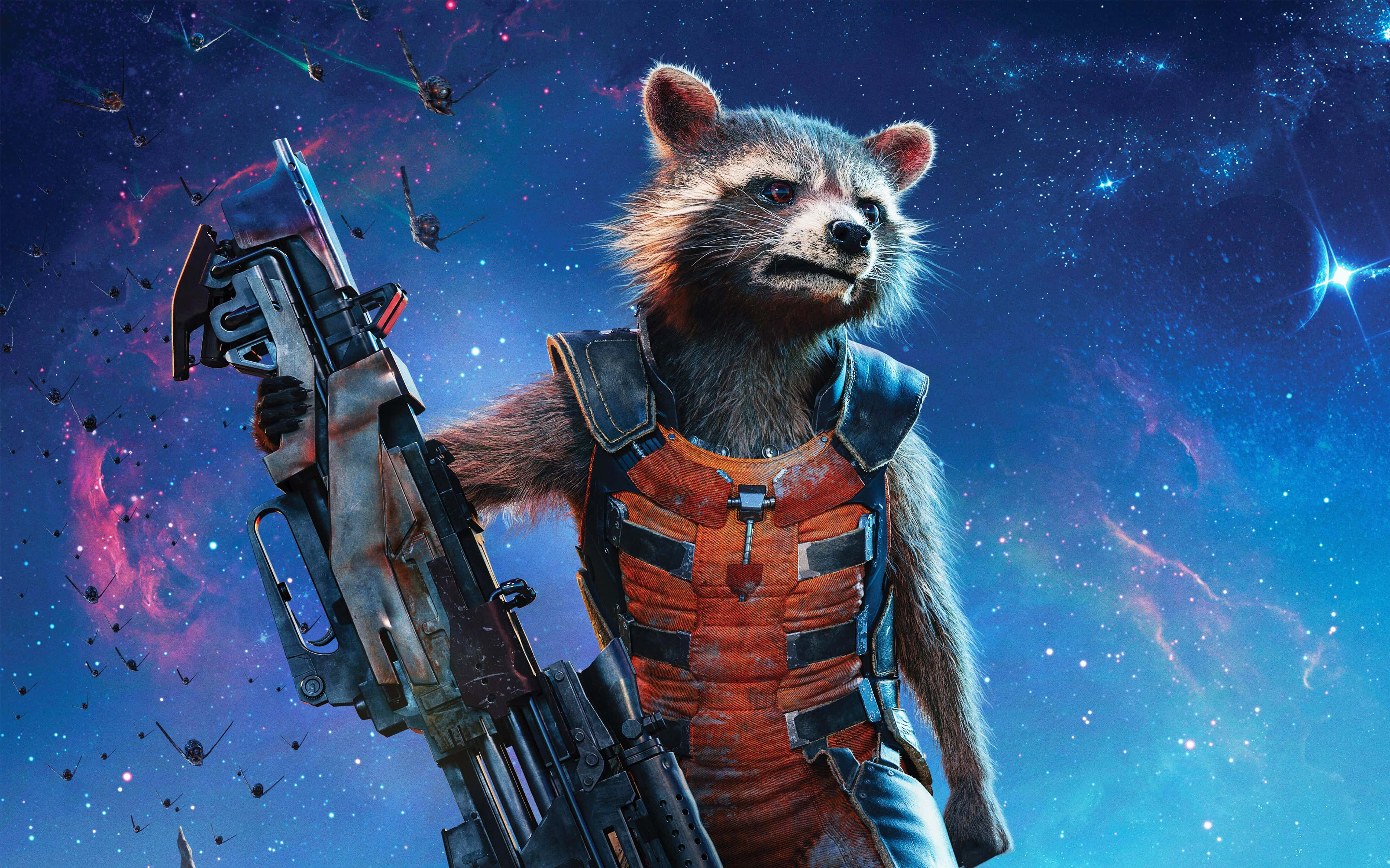 Guardians Of The Galaxy 2, raccoon, red vest, 4K Desktop Wallpaper