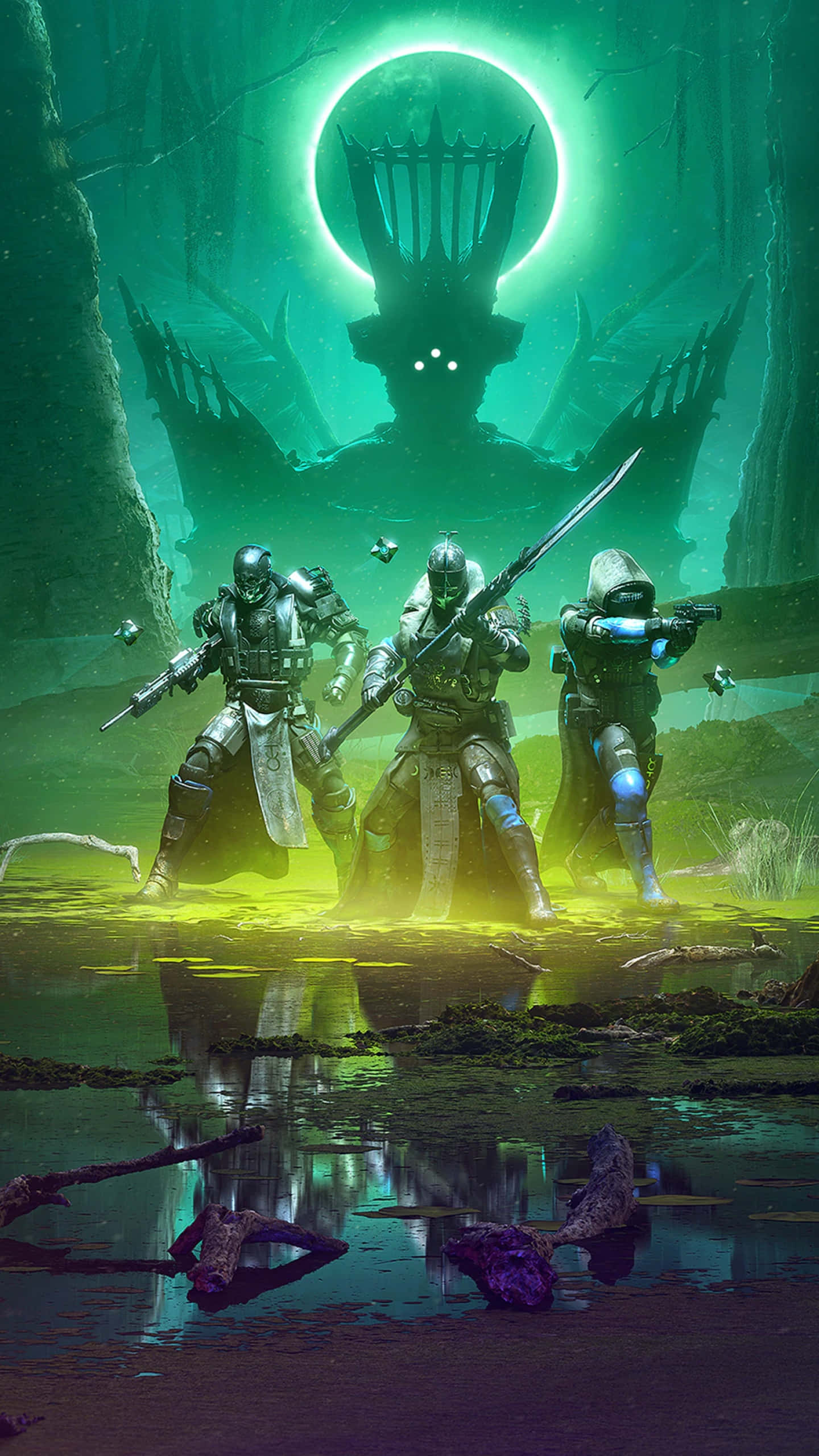 Guardians Of The Galaxy 2, glowing green water, colossal eerie throne, 2K Phone Wallpaper