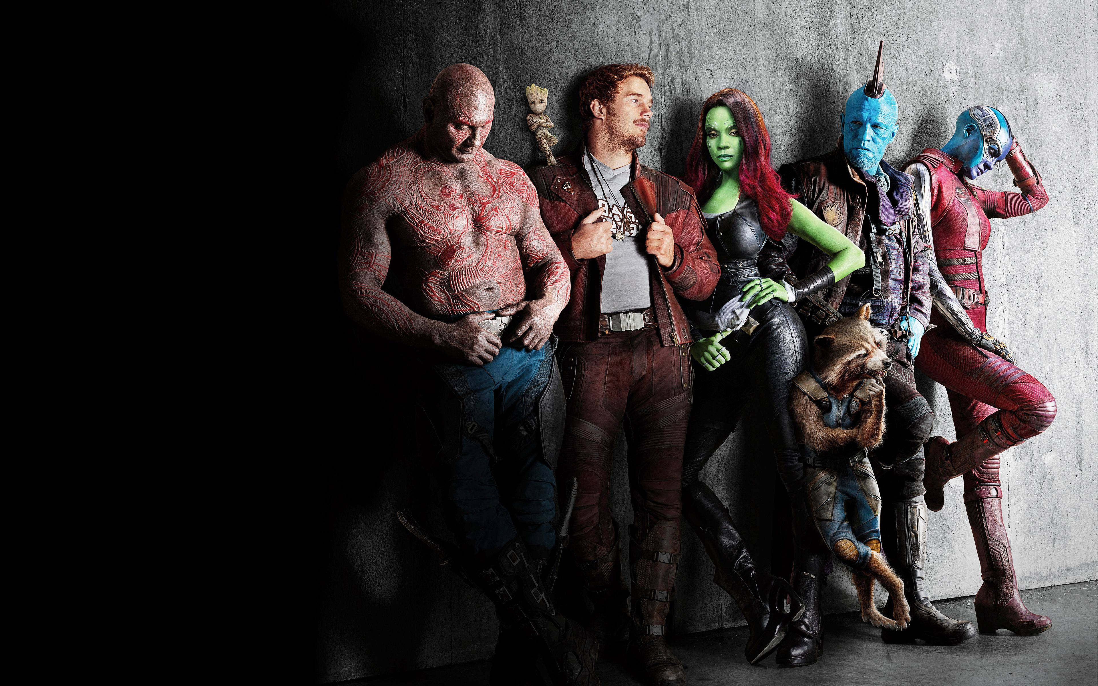 Guardians of the Galaxy, characters, gritty concrete wall, 4K Desktop Wallpaper