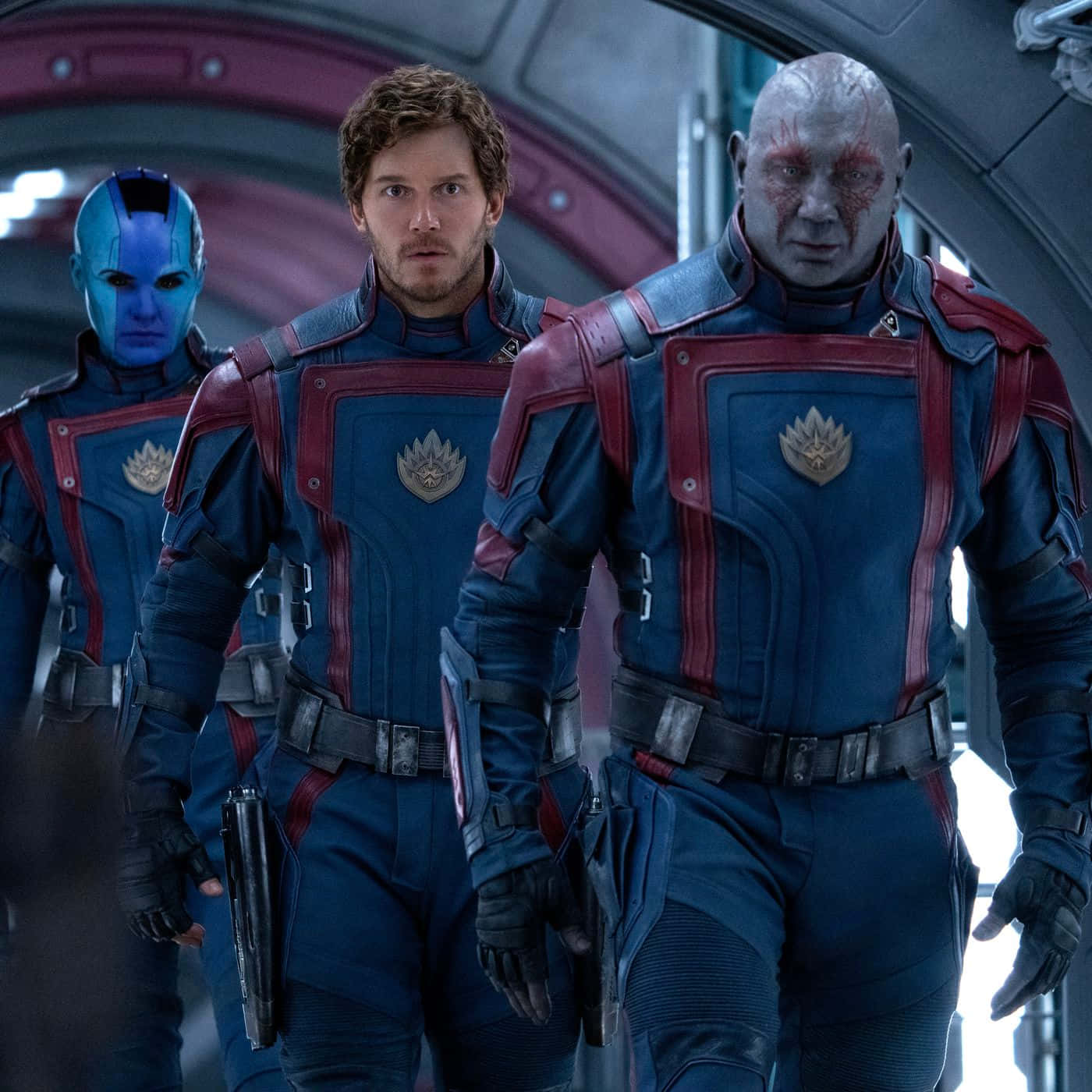 Guardians of the Galaxy, blue and red armor, futuristic spaceship corridor, HD Desktop Wallpaper