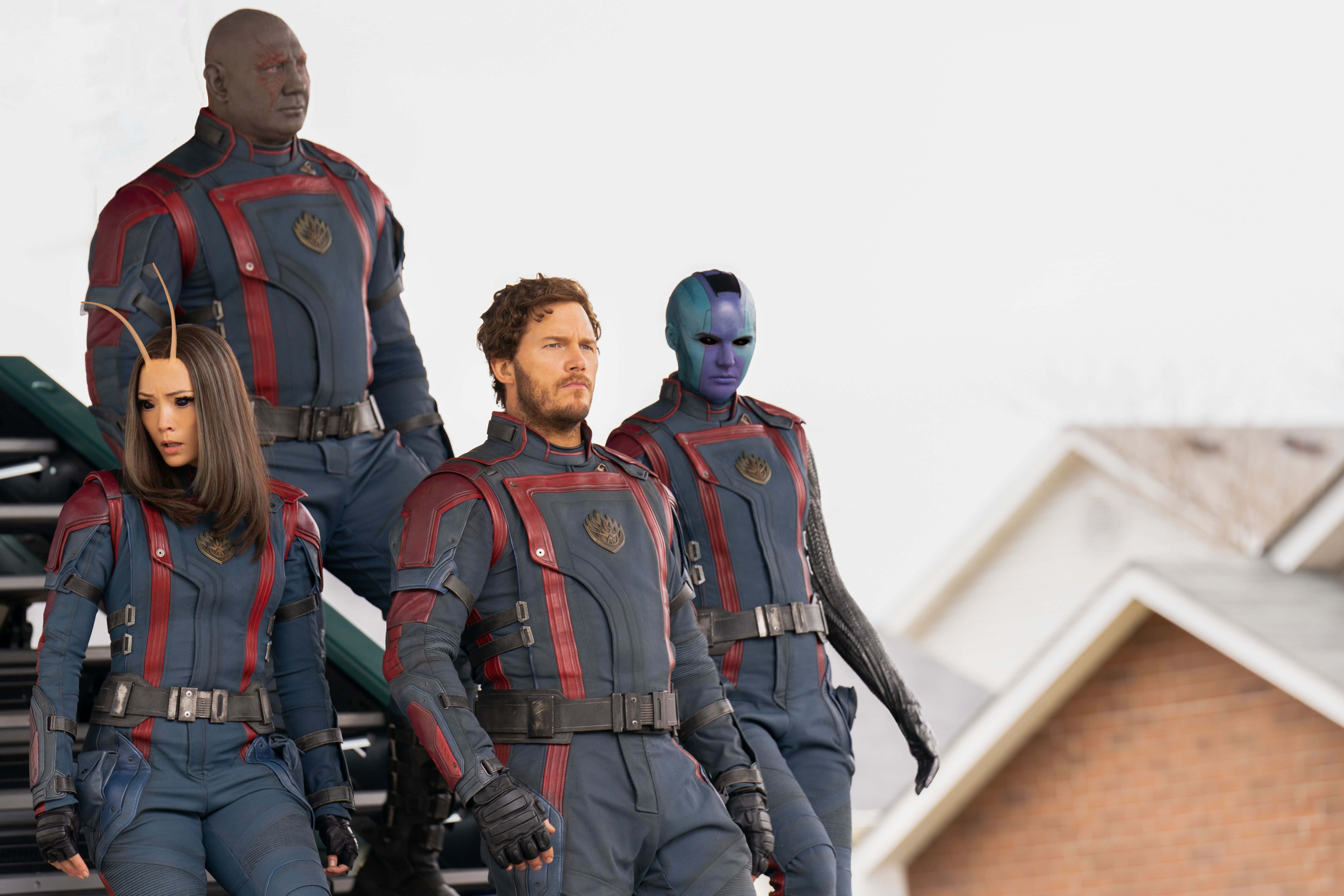Guardians of the Galaxy 3, Guardians Team Pose, blue and red suits, 5K Desktop Wallpaper