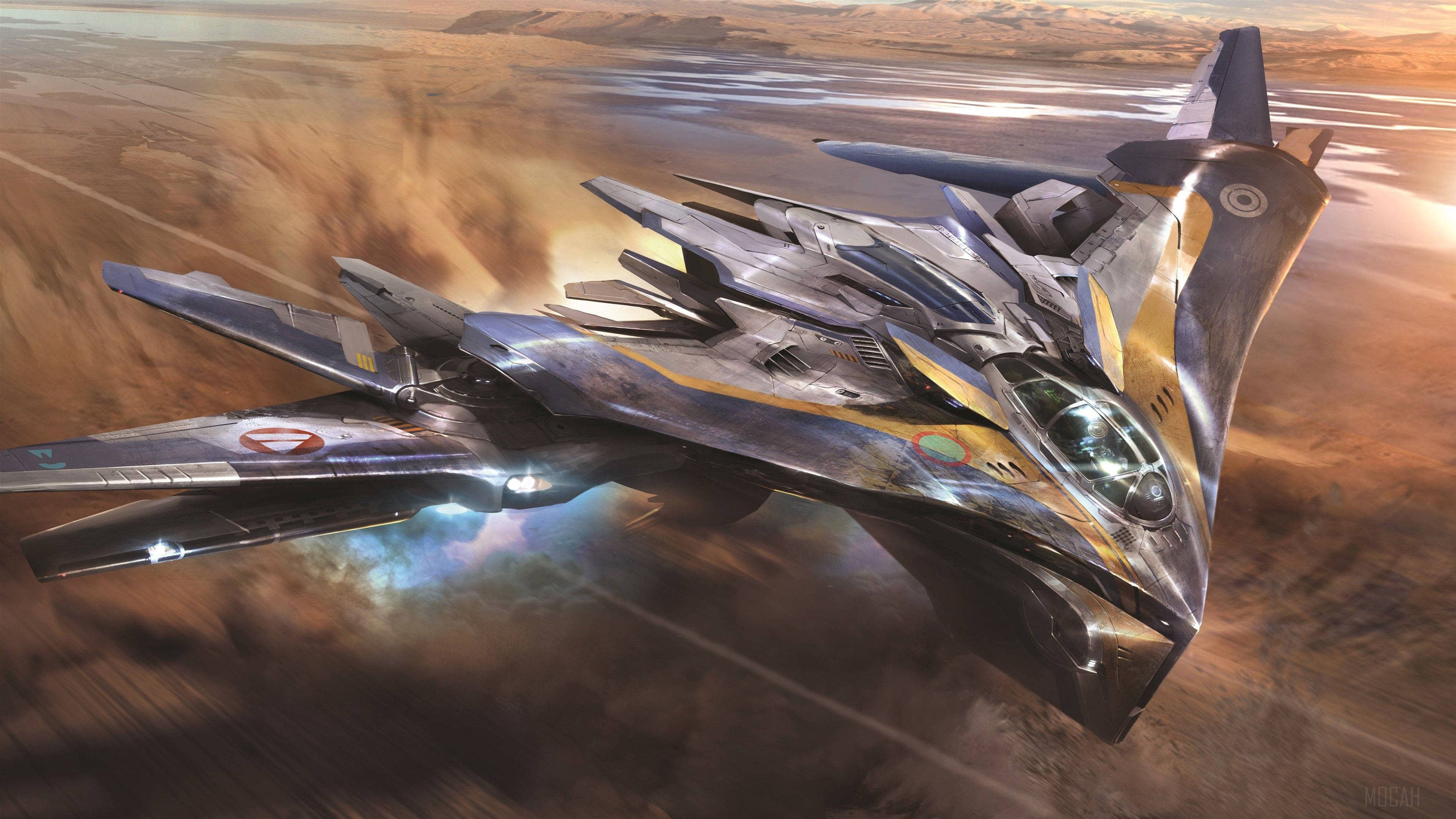 Guardians Of The Galaxy, futuristic fighter jet, desert landscape, 4K Desktop Wallpaper