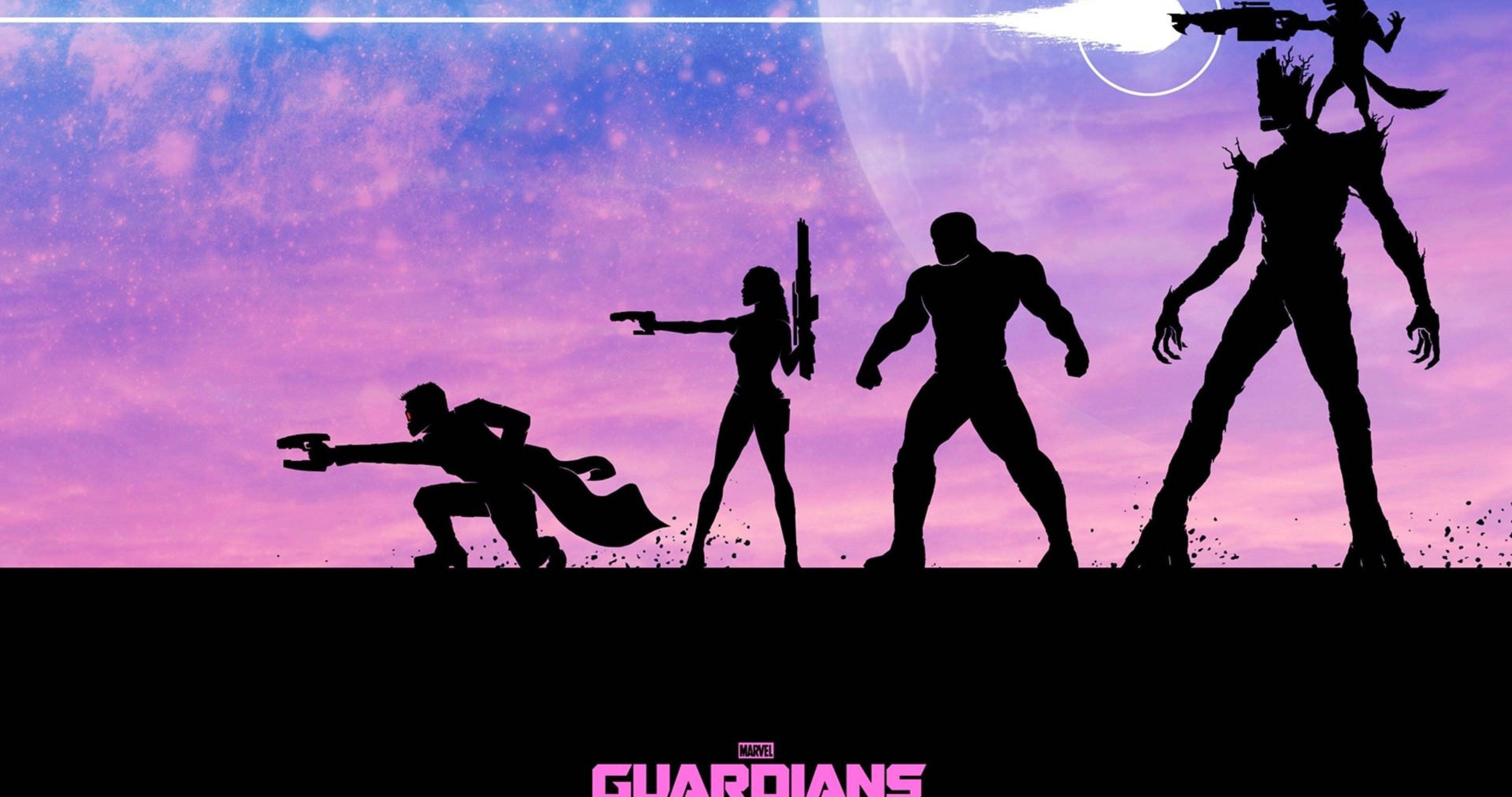 Guardians of the Galaxy, vibrant purple and pink cosmic sky, glowing moon, 4K Desktop Wallpaper