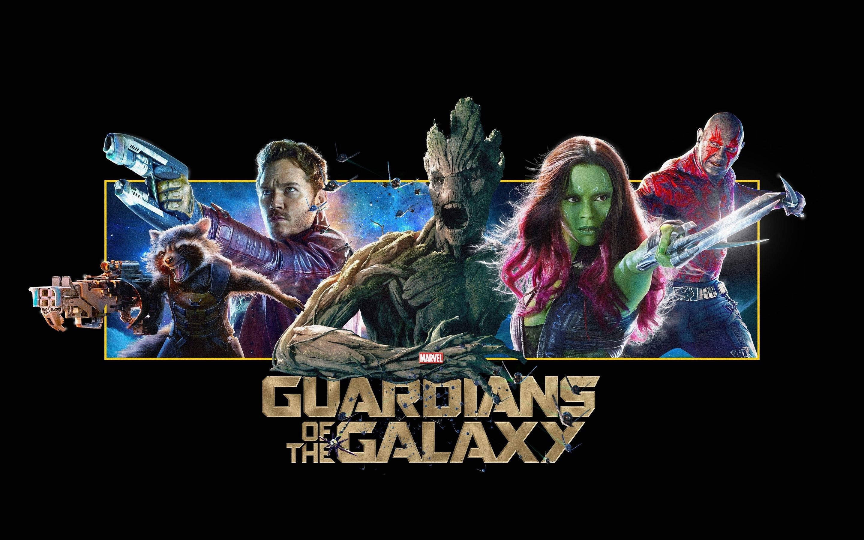Guardians of the Galaxy, cosmic backdrop, glowing weapons, 2K Desktop Wallpaper