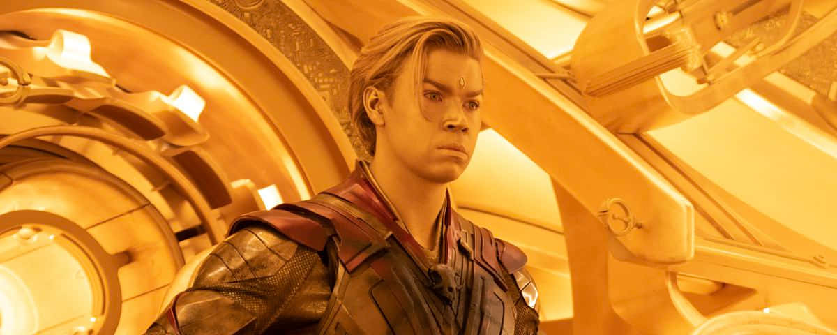 Guardians of the Galaxy 3, golden futuristic spaceship corridor, superhero in armored suit, SD Desktop Wallpaper