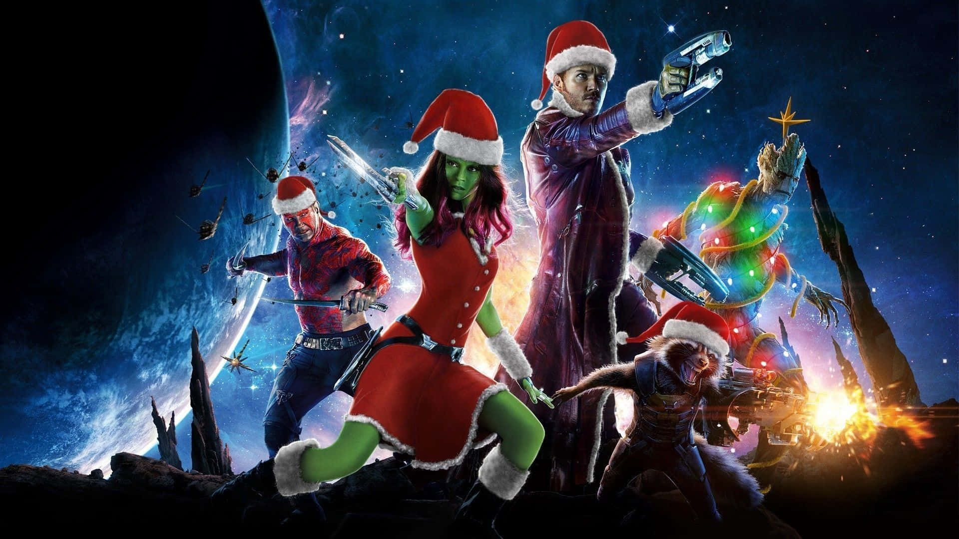 Guardians Of The Galaxy, Santa hats, cosmic debris, Full HD Desktop Wallpaper