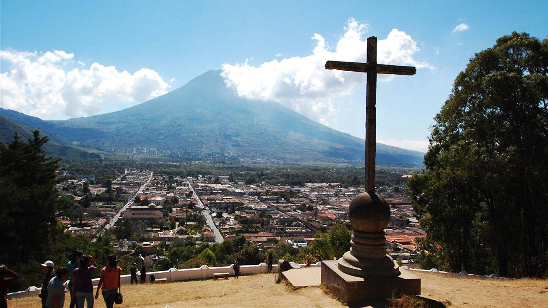 wooden cross, hill, town, Full HD Desktop Wallpaper