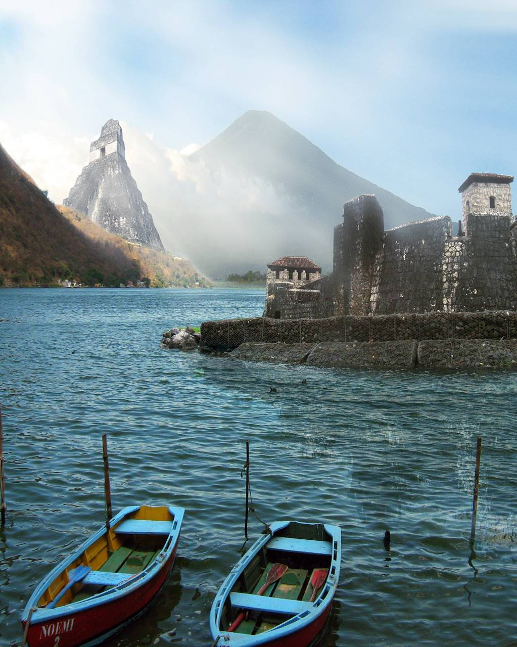 mountain view in guatemala, ancient stone ruins, misty lake, HD Phone Wallpaper