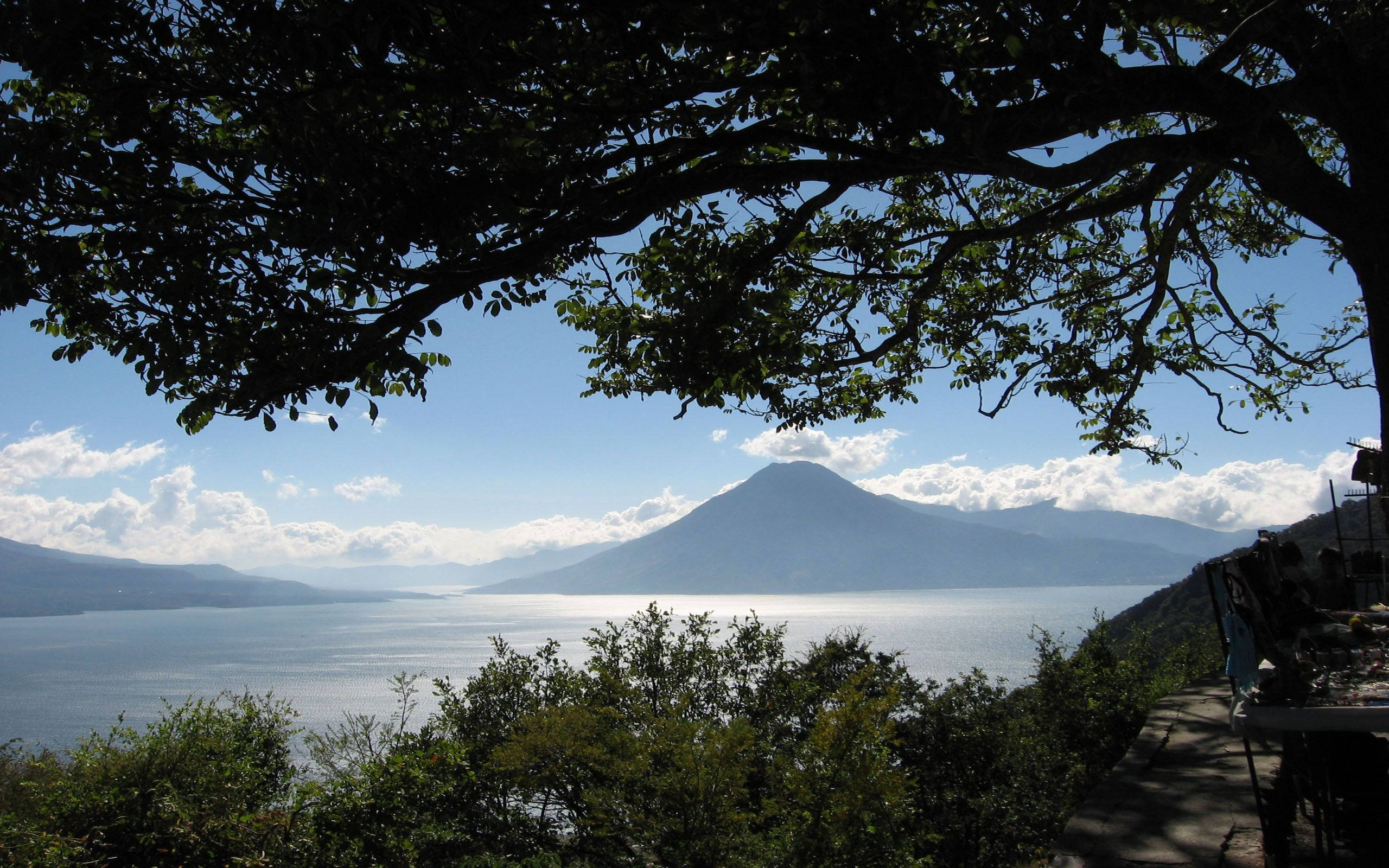 Guatemala, lake view, tree branches, 2K Desktop Wallpaper