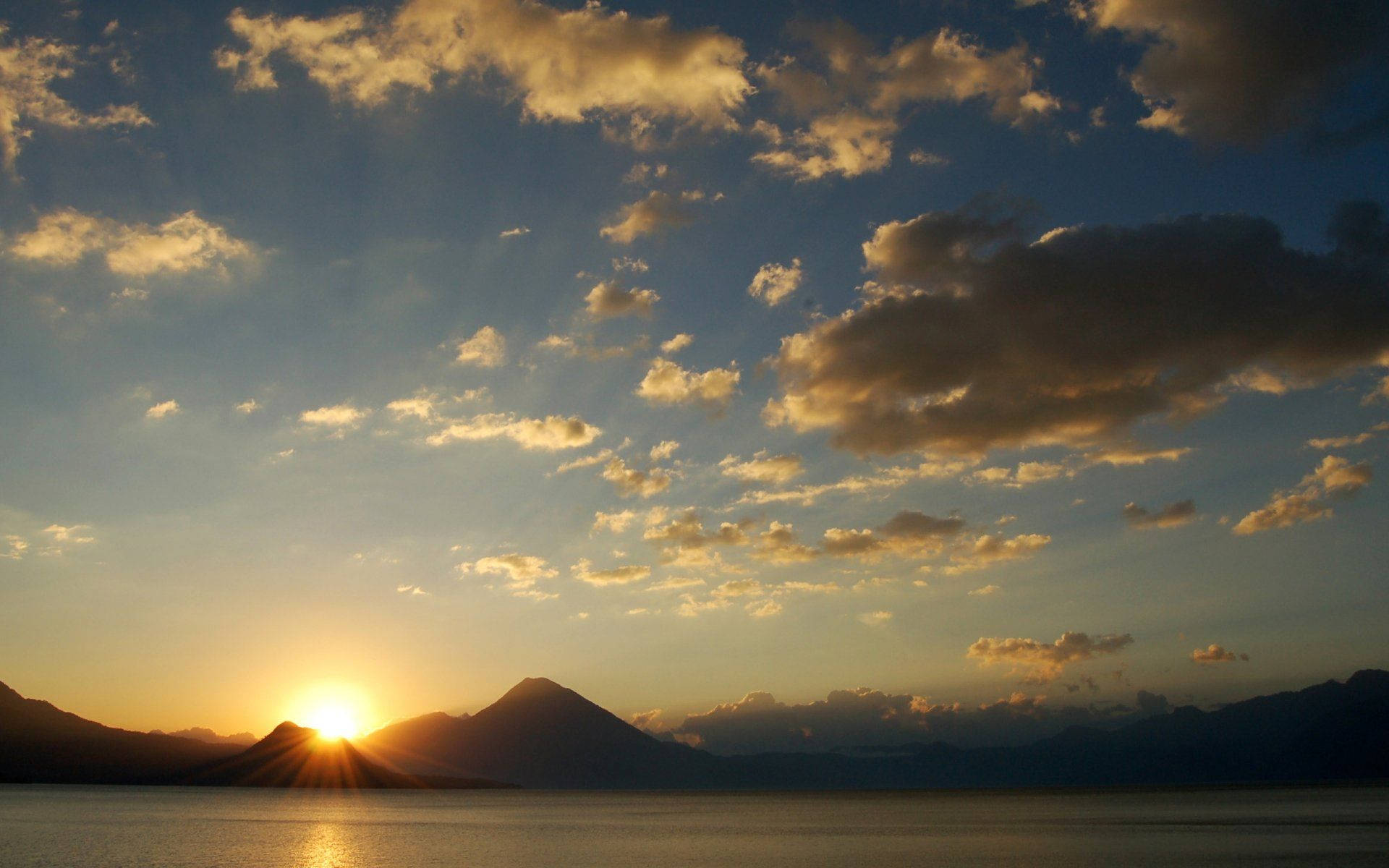 sunset, golden clouds, calm lake, Full HD Desktop Wallpaper