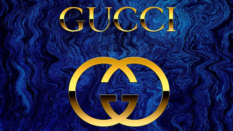 Gucci, blue waves, gold Gucci logo, SD Desktop Wallpaper