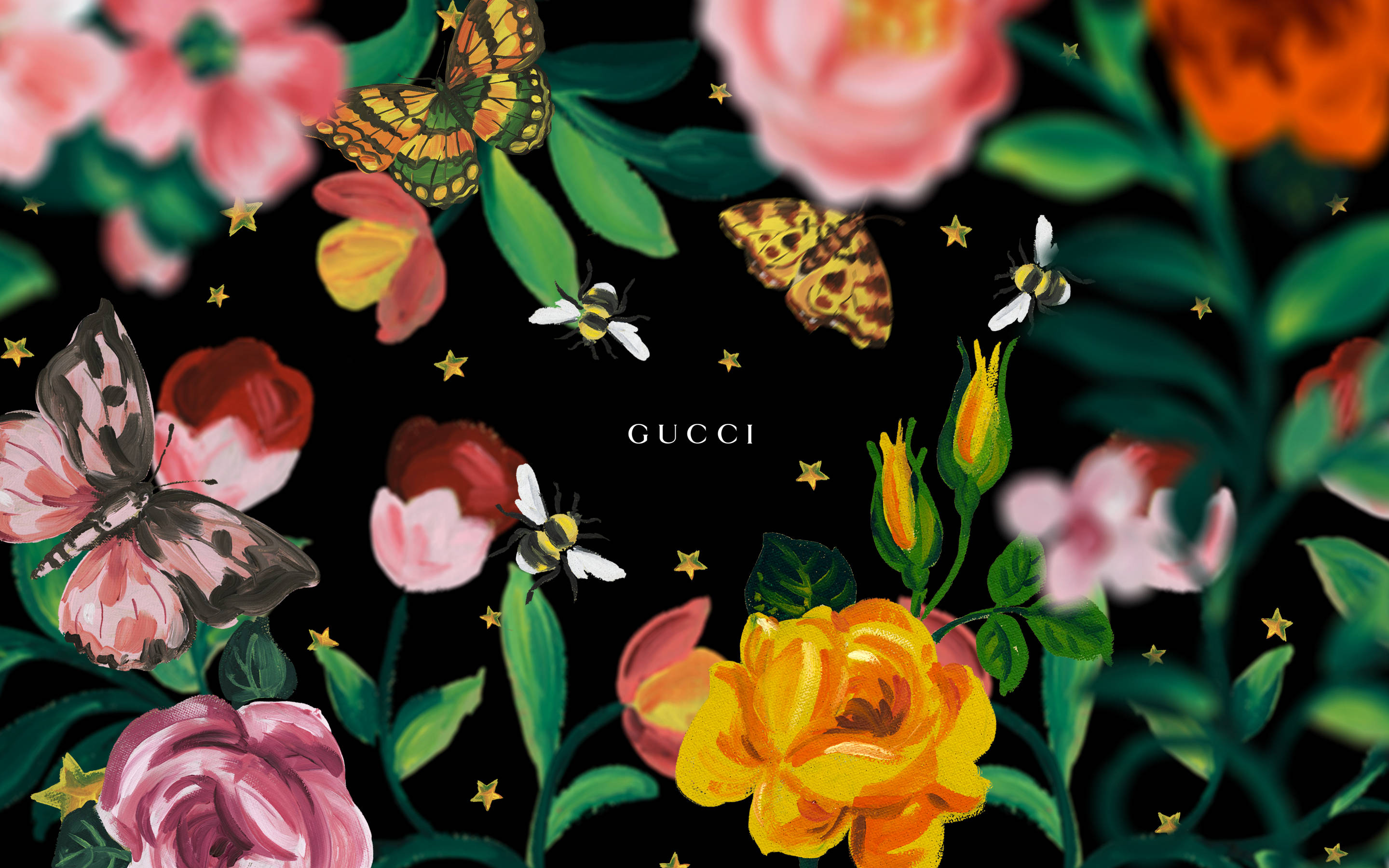 Gucci, flower garden, hand-painted flowers, 2K Desktop Wallpaper