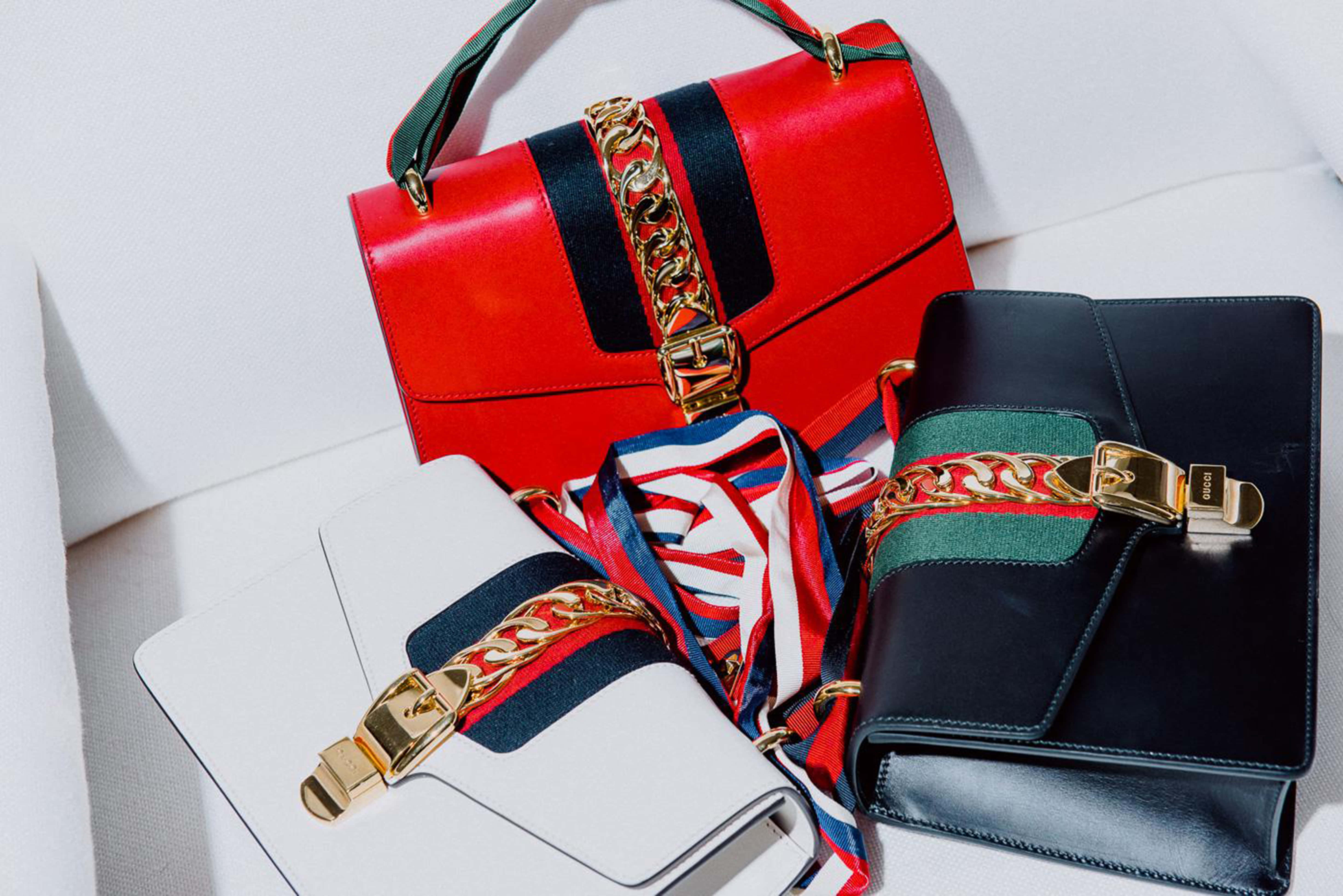 Gucci, red white and black, gold chains, 5K Desktop Wallpaper