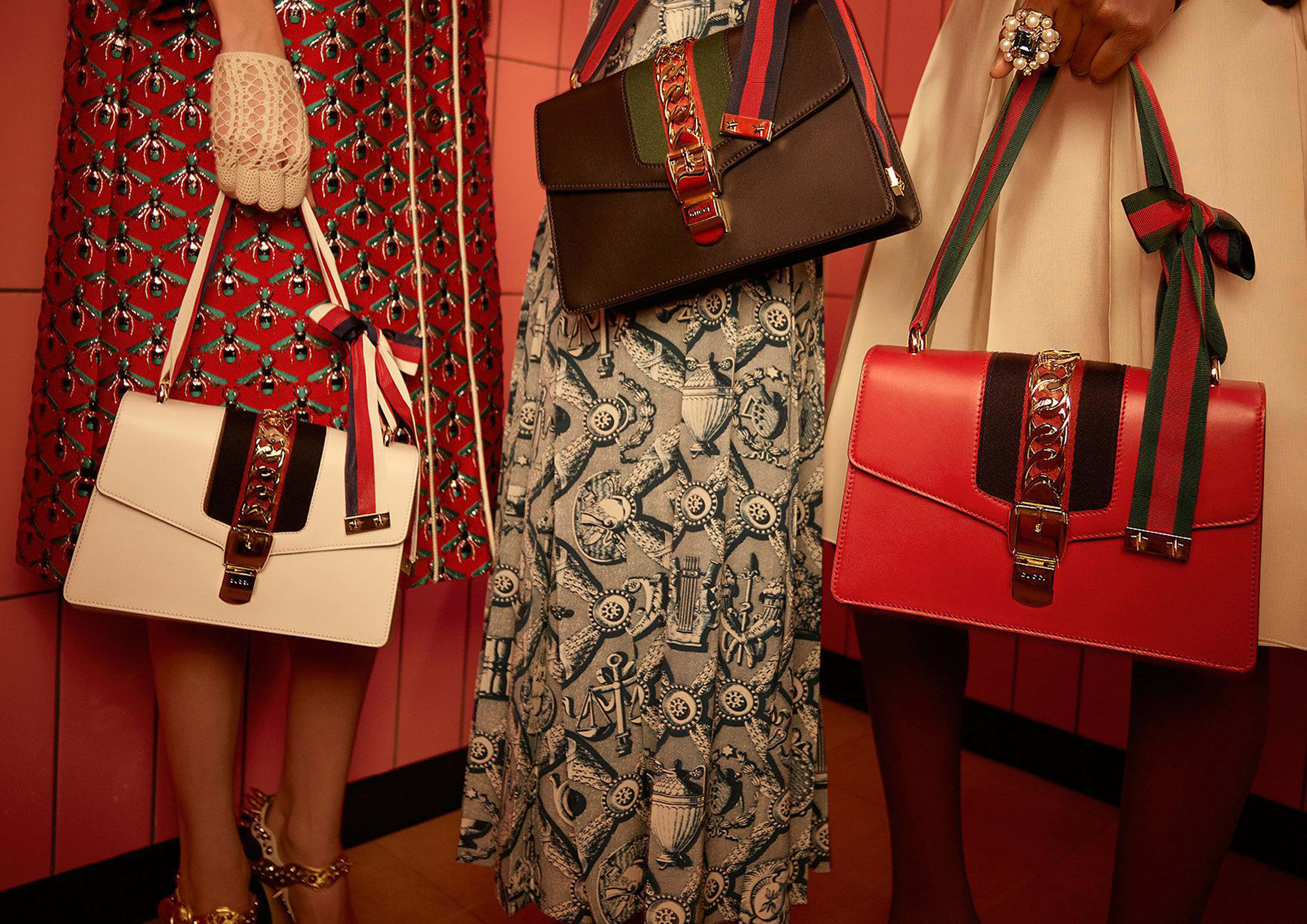Gucci, handbags, warm red tiled wall, 5K Desktop Wallpaper