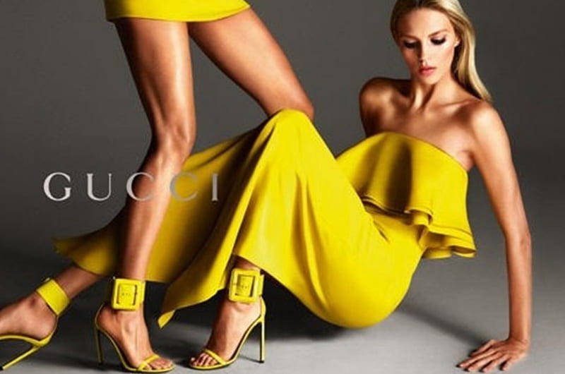 Gucci, yellow strapless dress, matching heels, SD Desktop Wallpaper