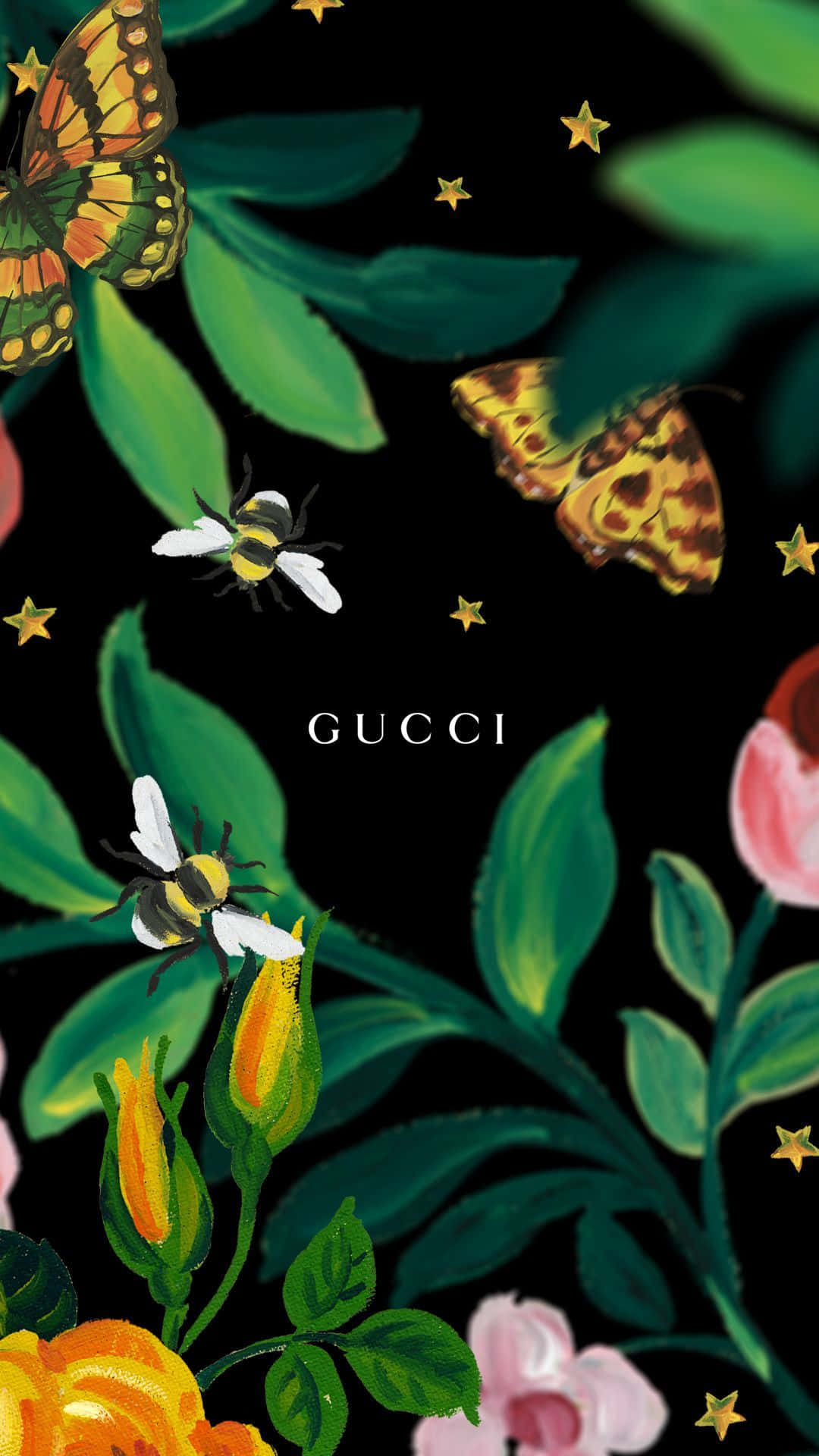 Gucci Green, black backdrop, golden stars, Full HD Phone Wallpaper