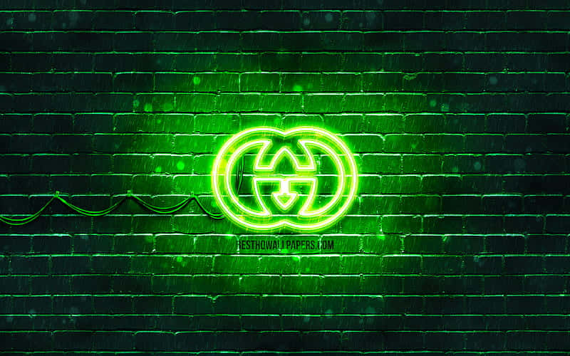 Gucci Green, neon Gucci logo, dark brick wall, SD Desktop Wallpaper