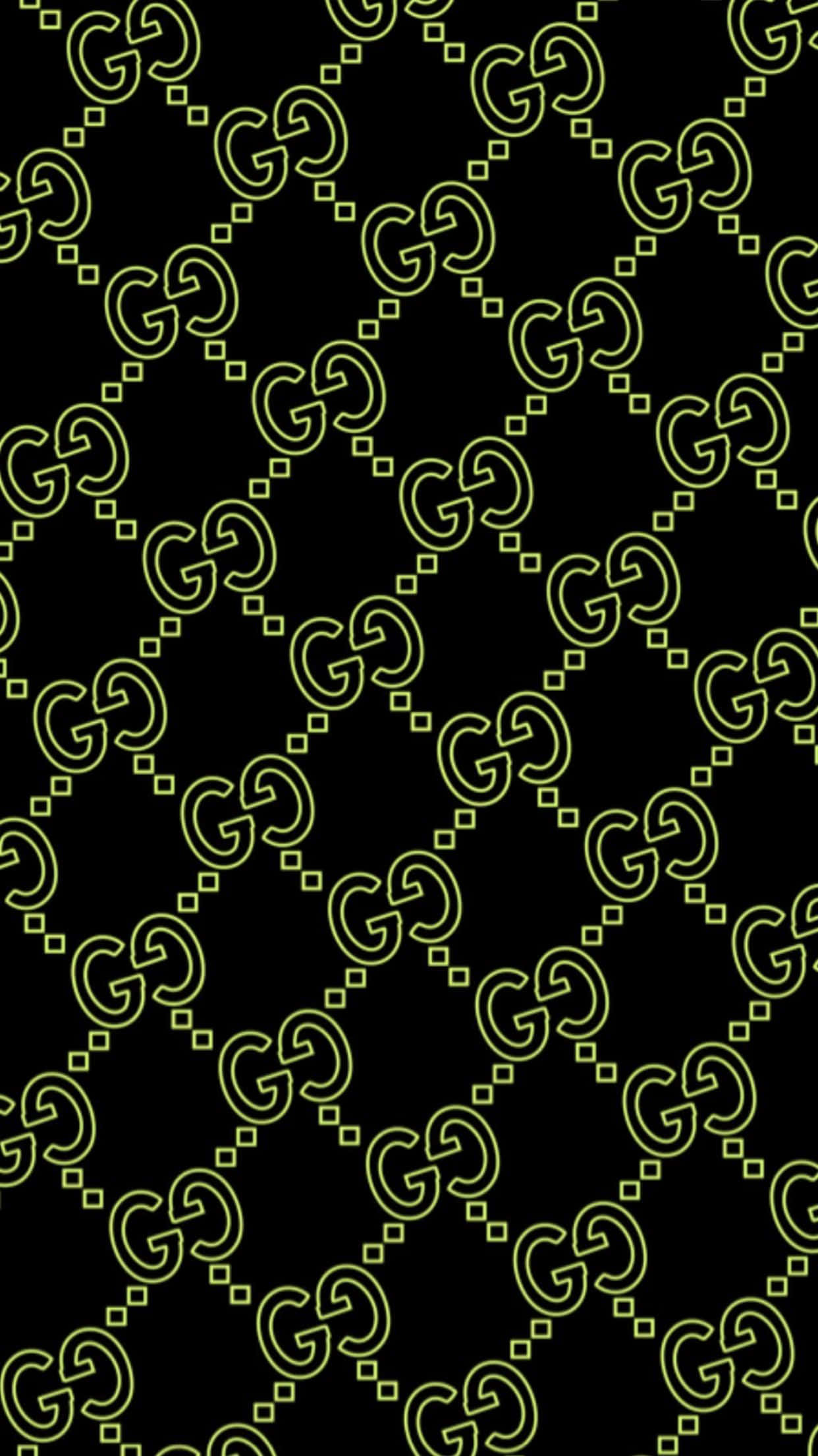 Gucci Green, glowing yellow interlocking GG logos, black background, Full HD Phone Wallpaper