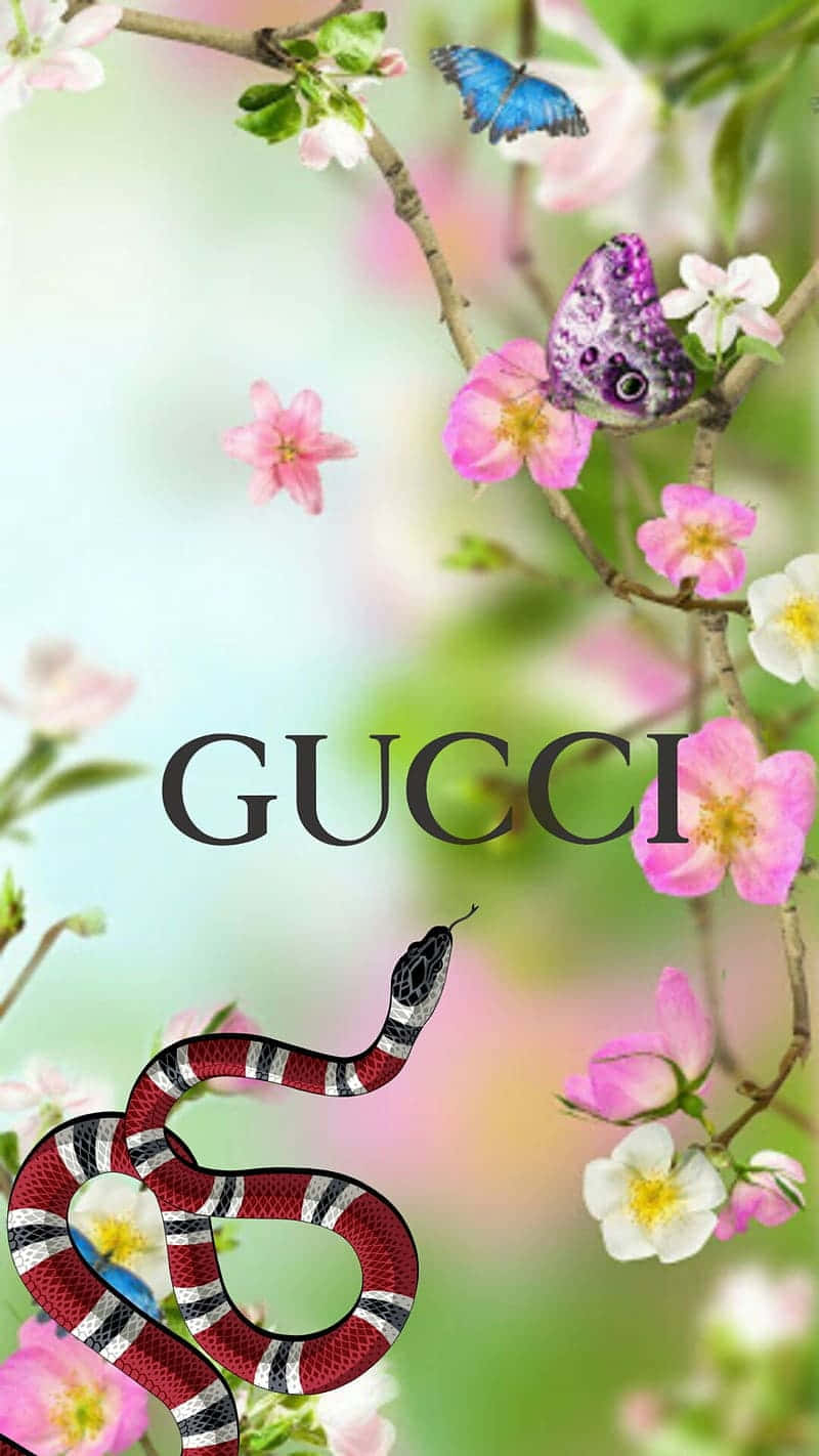 Gucci Green, red and white snake, pink cherry blossoms, HD Phone Wallpaper