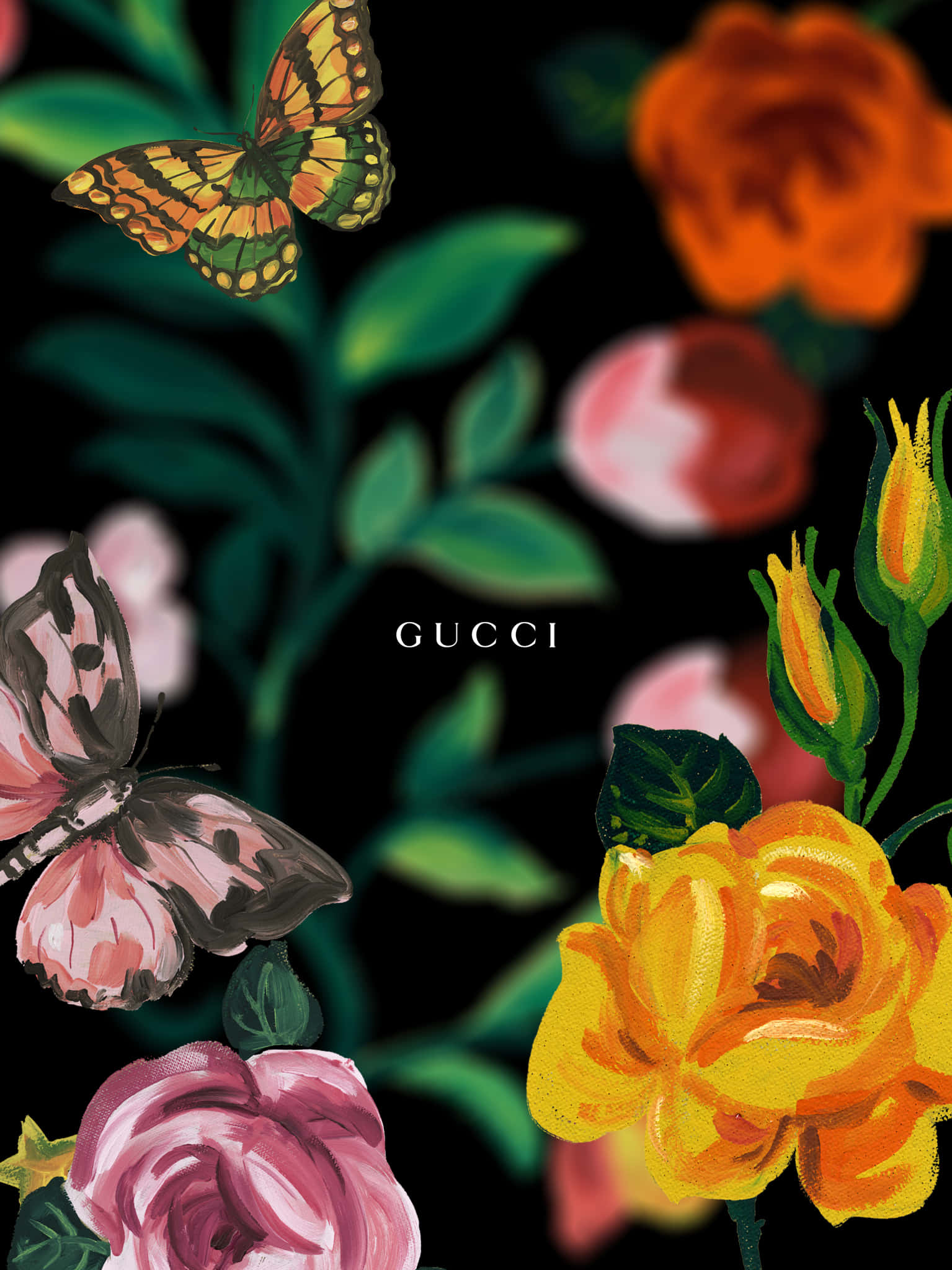 Gucci Green, butterflies, roses, Full HD Phone Wallpaper