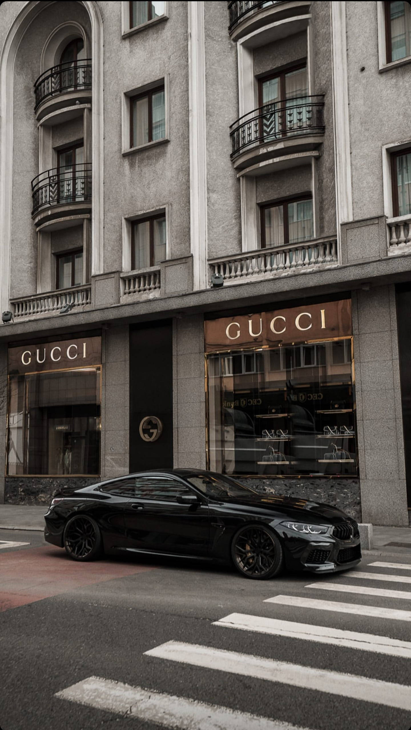 Gucci, storefront, black sports car, 2K Phone Wallpaper