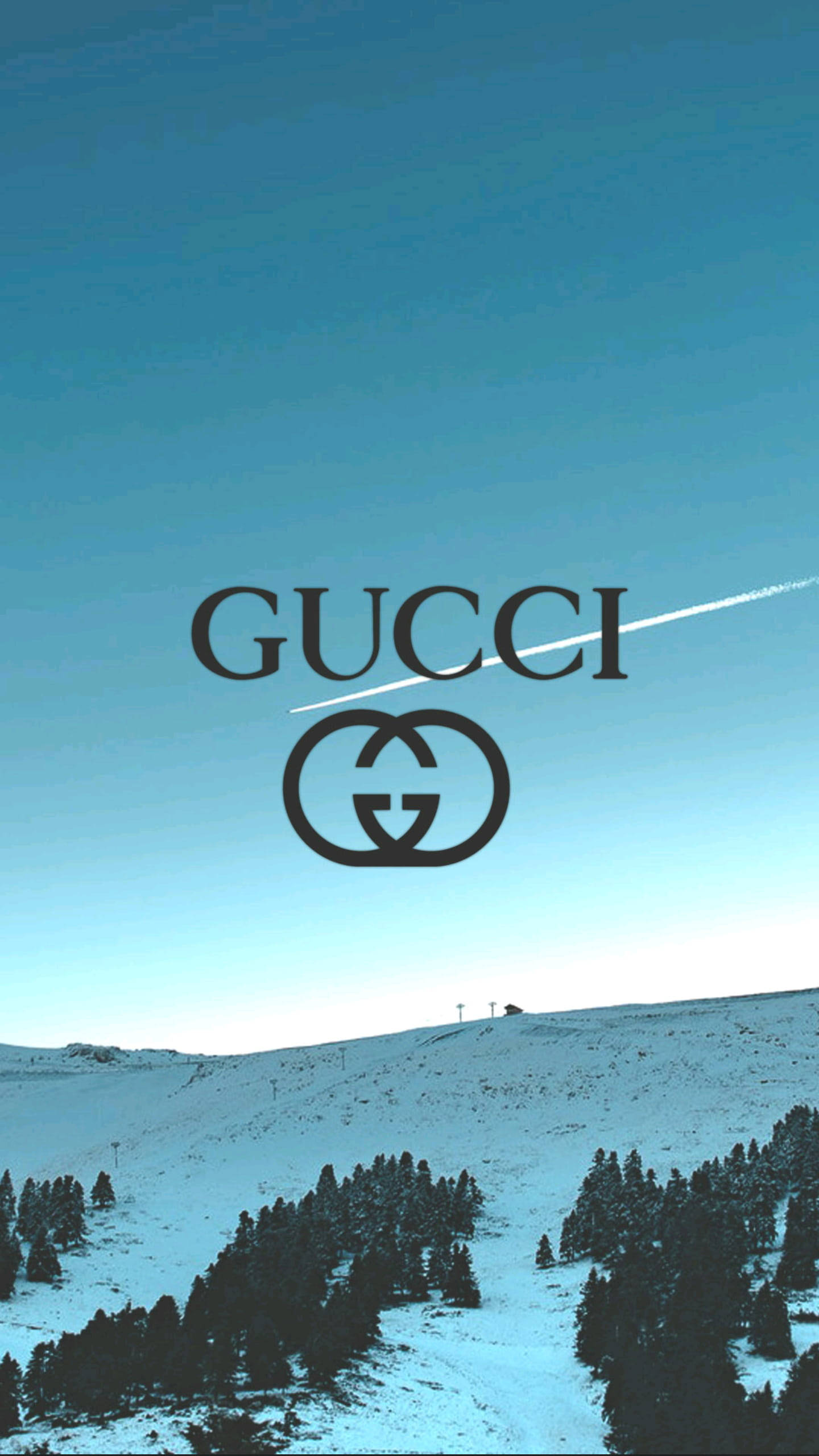 Gucci iPhone, snowy mountain landscape, clear blue sky, 2K Phone Wallpaper