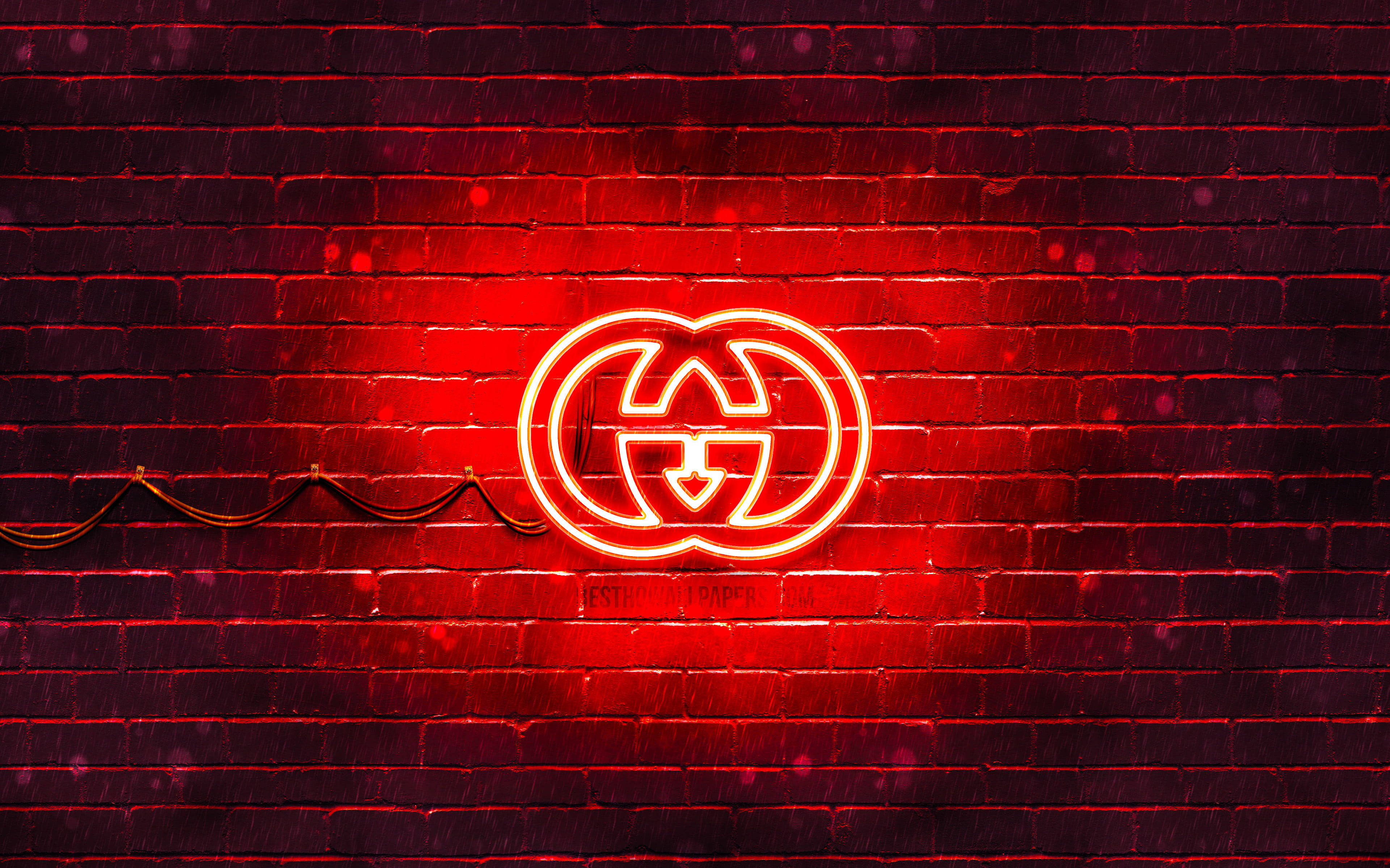 Neon Red Gucci iPhone, Gucci logo, wet brick wall, 4K Desktop Wallpaper