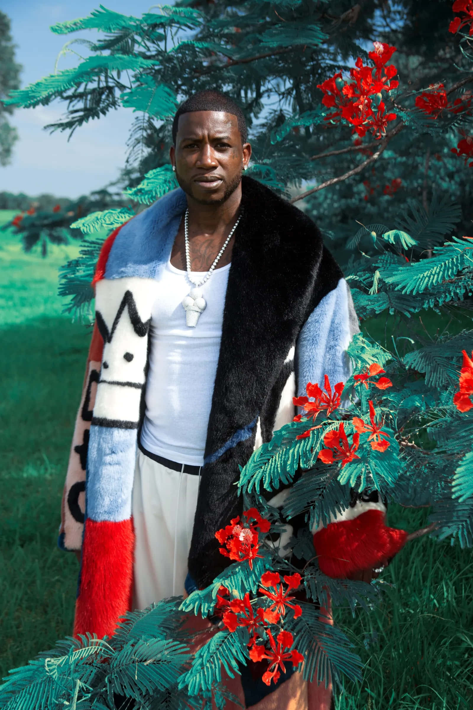 Gucci Mane, floral backdrop, fur coat, Full HD Phone Wallpaper