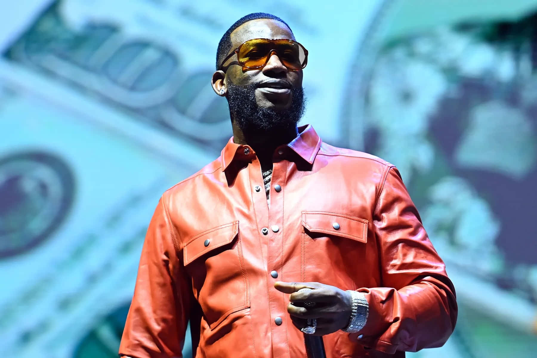 Gucci Mane, red leather shirt, microphone, HD Desktop Wallpaper