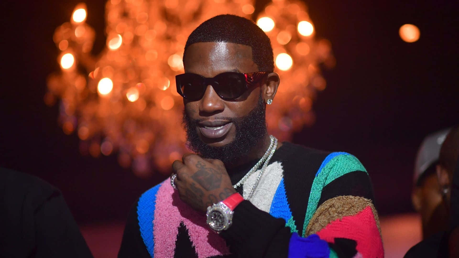 Gucci Mane, colorful striped sweater, glowing orange chandelier, Full HD Desktop Wallpaper