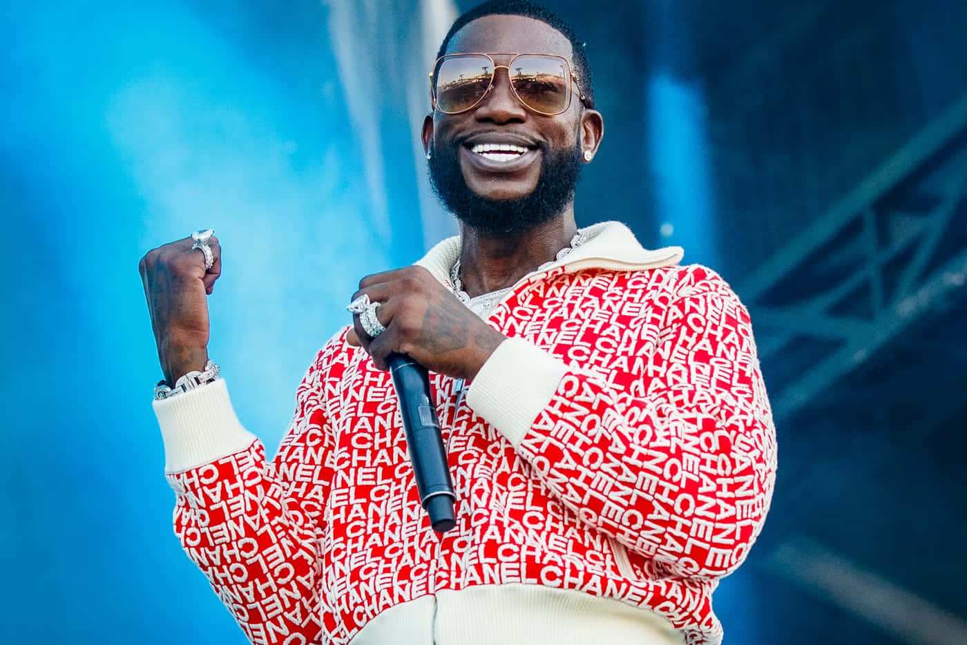 Gucci Mane, red Chanel-print hoodie, gold sunglasses, HD Desktop Wallpaper