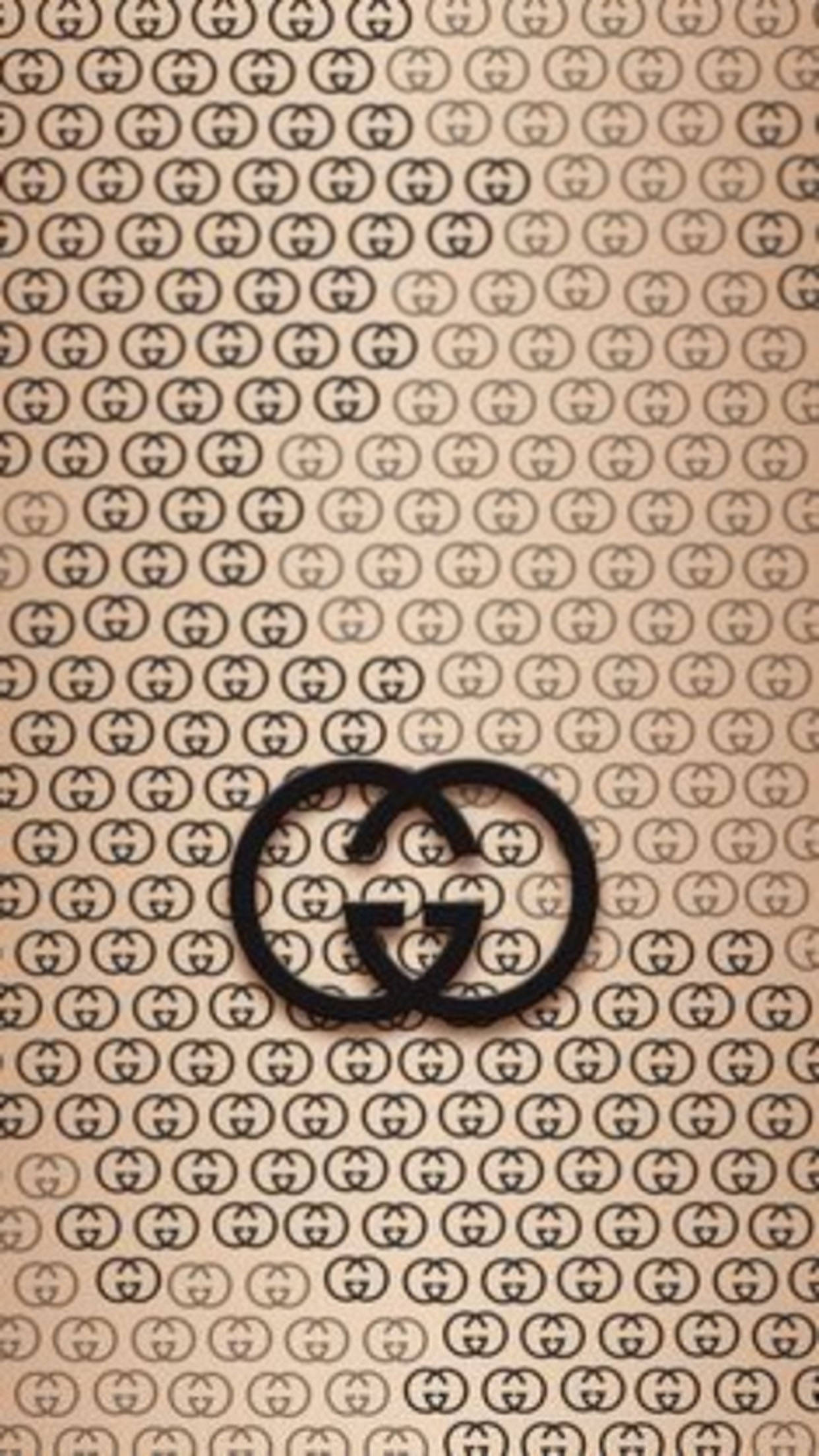 Gucci, black Gucci logo, beige background, Full HD Phone Wallpaper