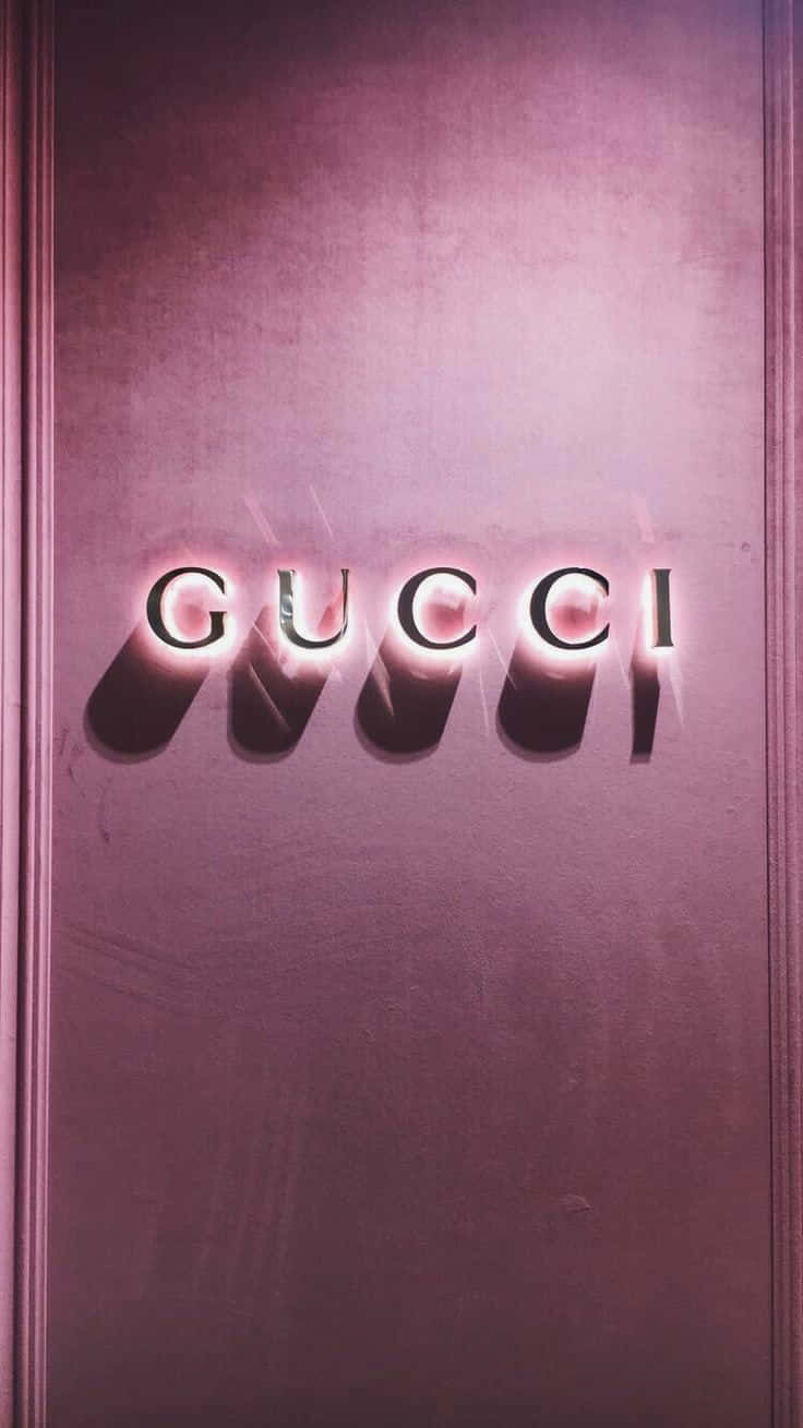 Gucci Logo, pink backdrop, metallic letters, HD Phone Wallpaper
