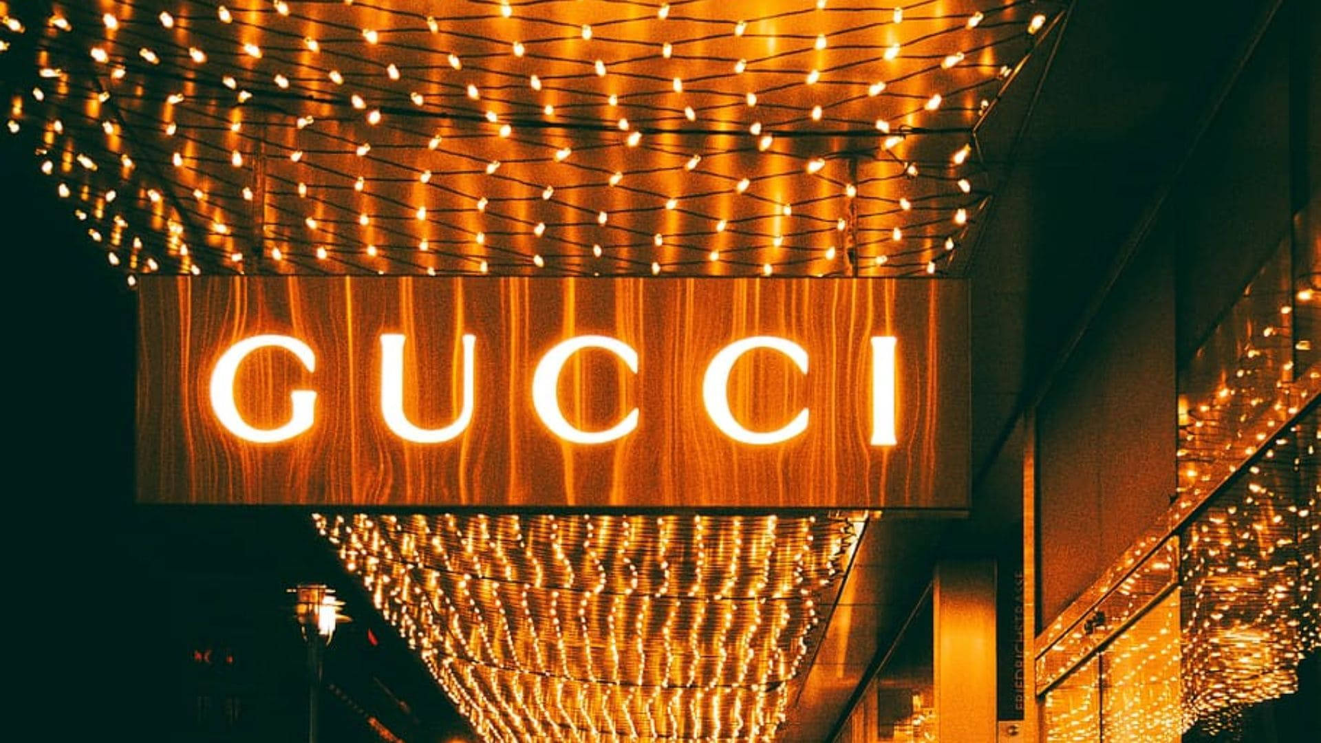 Gucci, glowing Gucci sign, warm string lights, Full HD Desktop Wallpaper