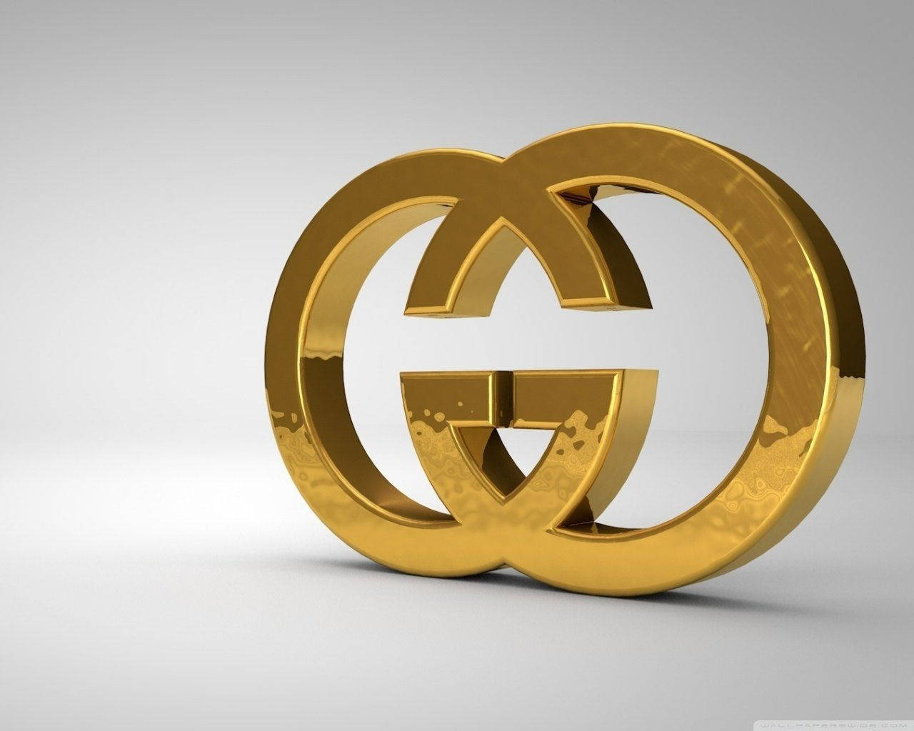Gucci, golden interlocking G logo, soft gradient gray background, HD Desktop Wallpaper