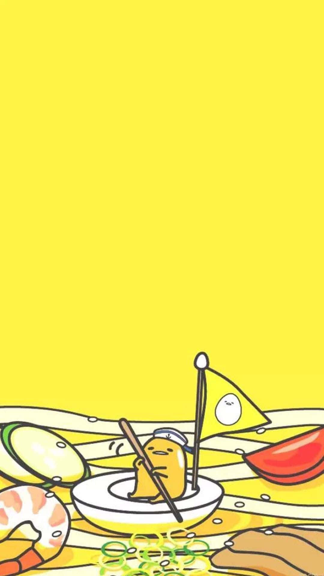 Gudetama, noodle bowl boat, vibrant yellow background, Full HD Phone Wallpaper
