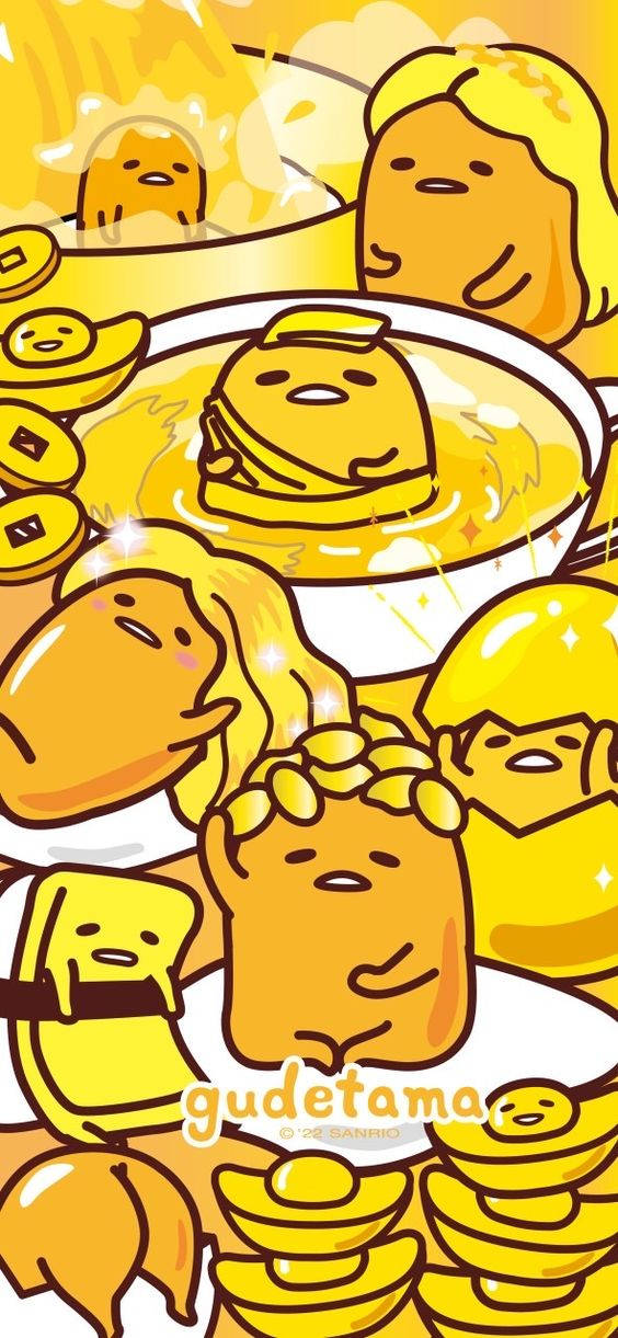 Gudetama, vibrant yellow, gold coins, SD Phone Wallpaper
