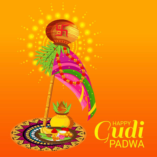 Gudi Padwa, orange background, decorated wooden pole, SD Desktop Wallpaper