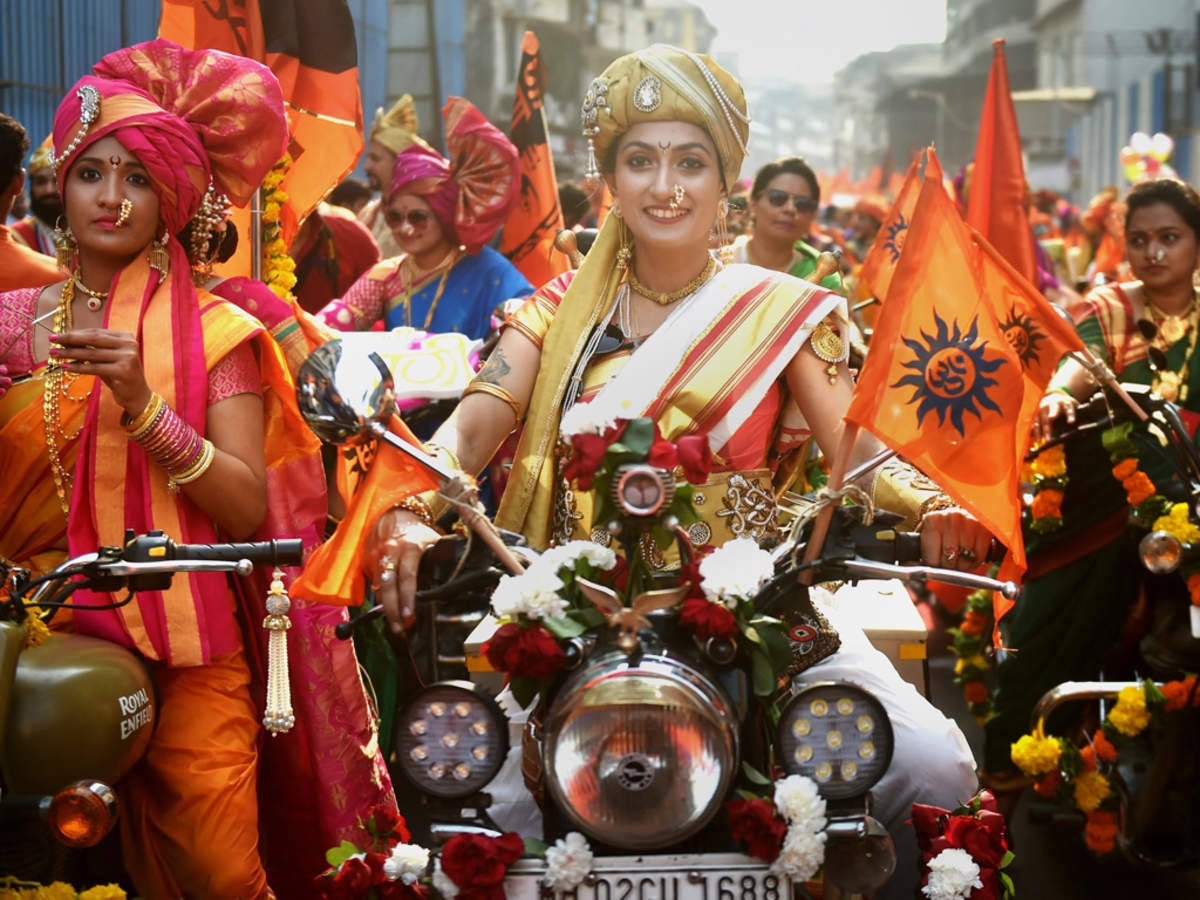 Gudi Padwa, woman on motorcycle, colorful traditional attire, SD Desktop Wallpaper
