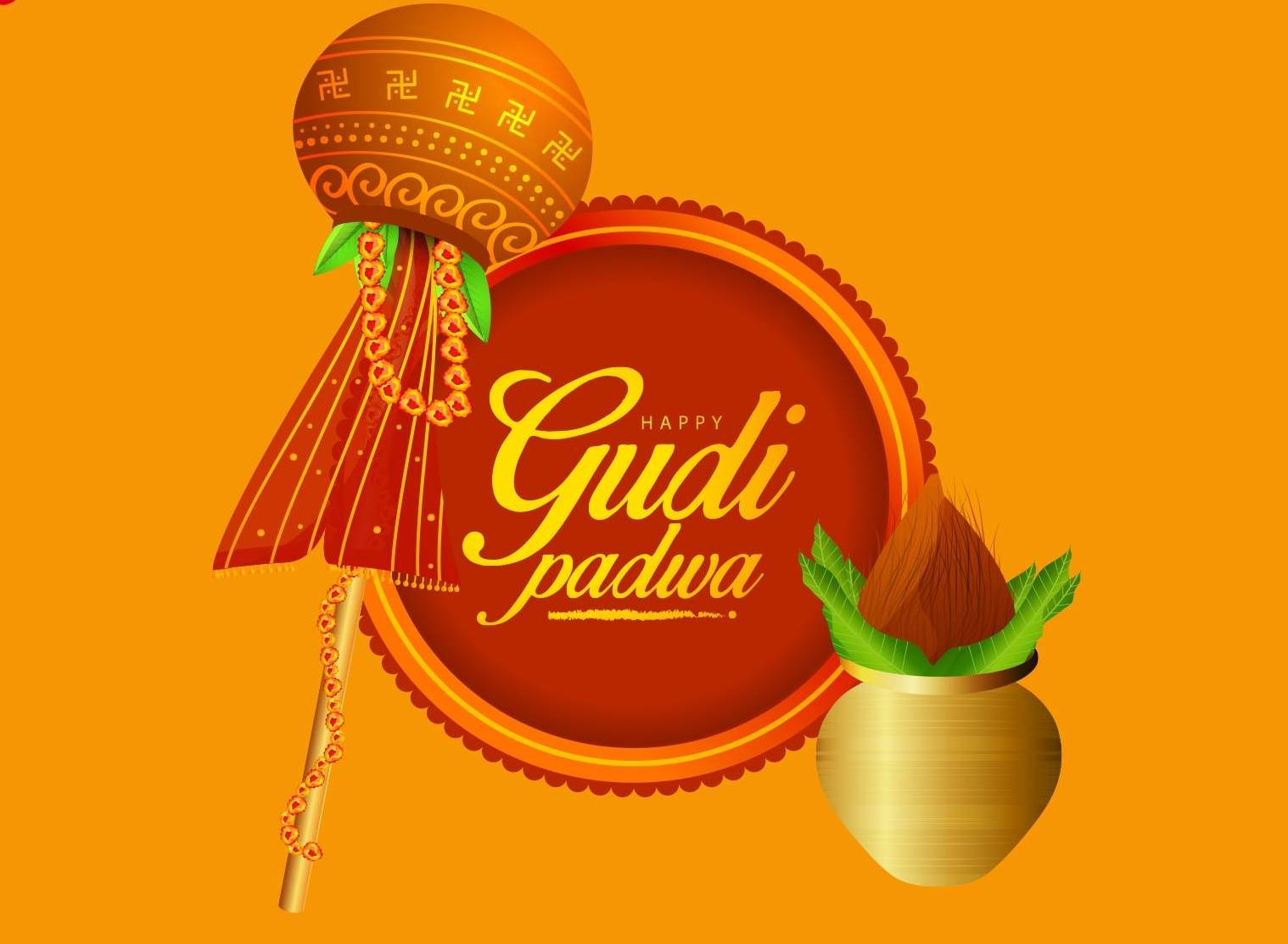 Gudi Padwa, orange background, decorated flag, HD Desktop Wallpaper