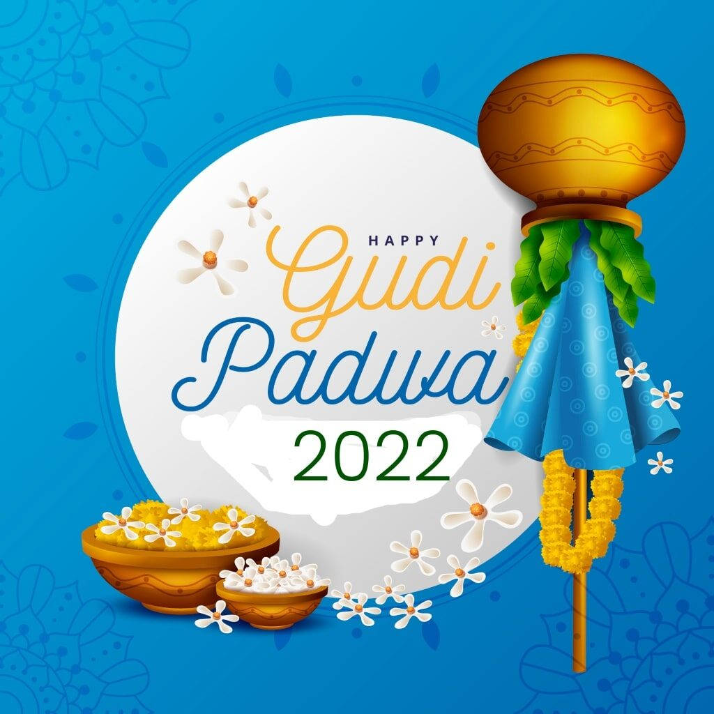 Gudi Padwa 2022, golden gudi, floral bowls, SD Desktop Wallpaper